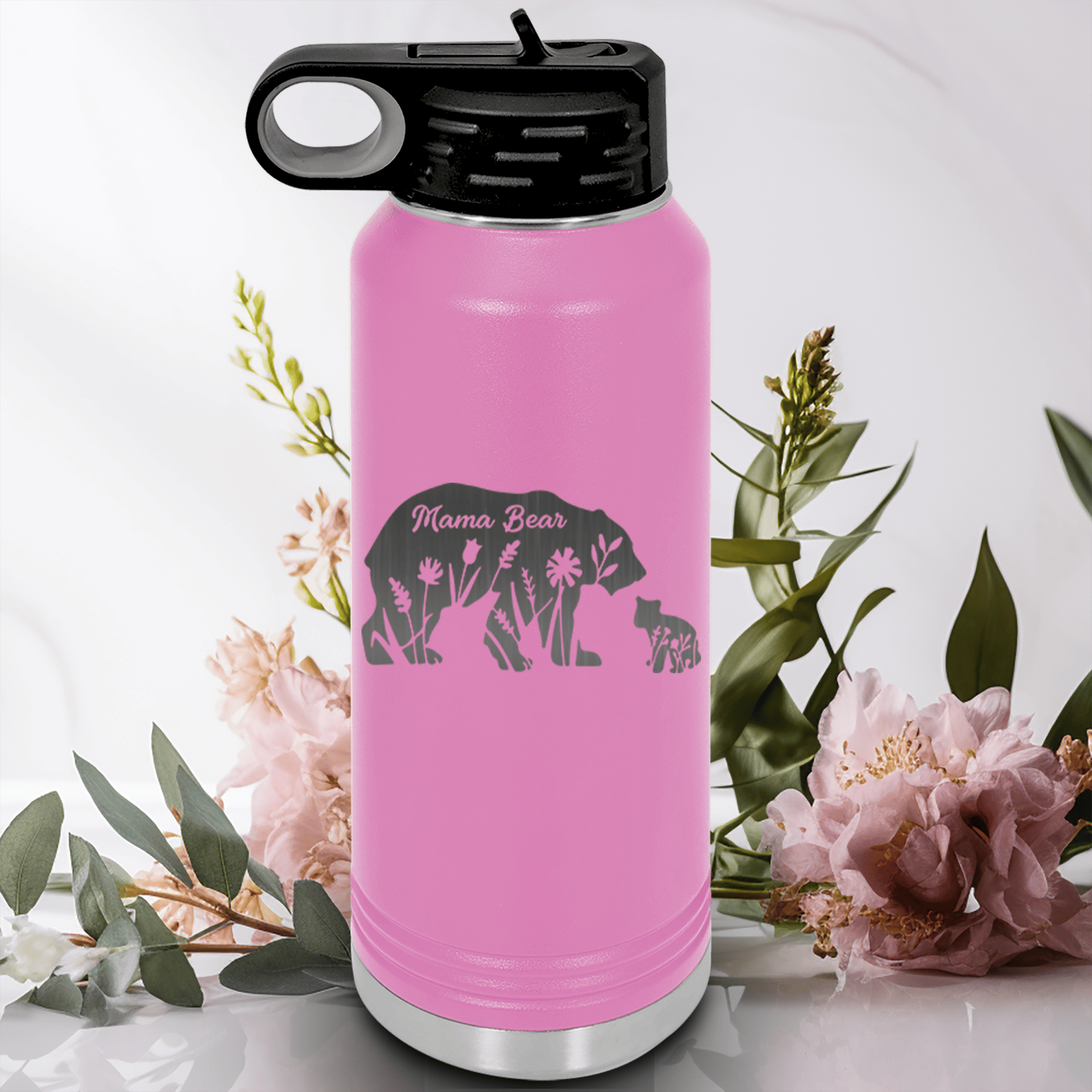 Light Purple Mothers Day Water Bottle With Flower Mama Bear Design