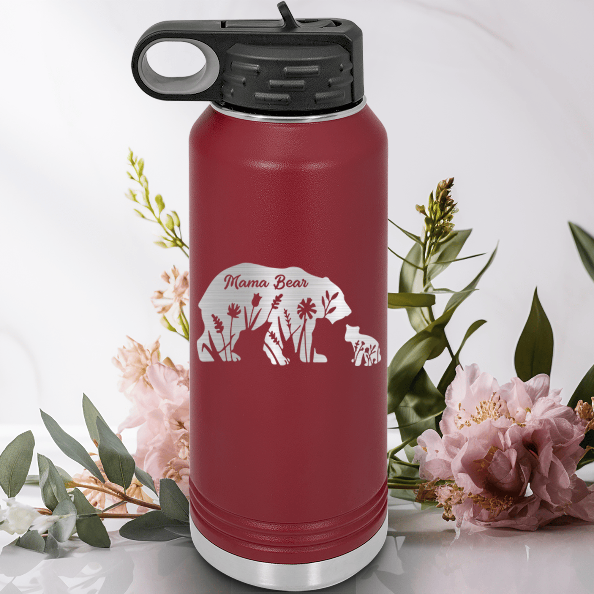 Maroon Mothers Day Water Bottle With Flower Mama Bear Design