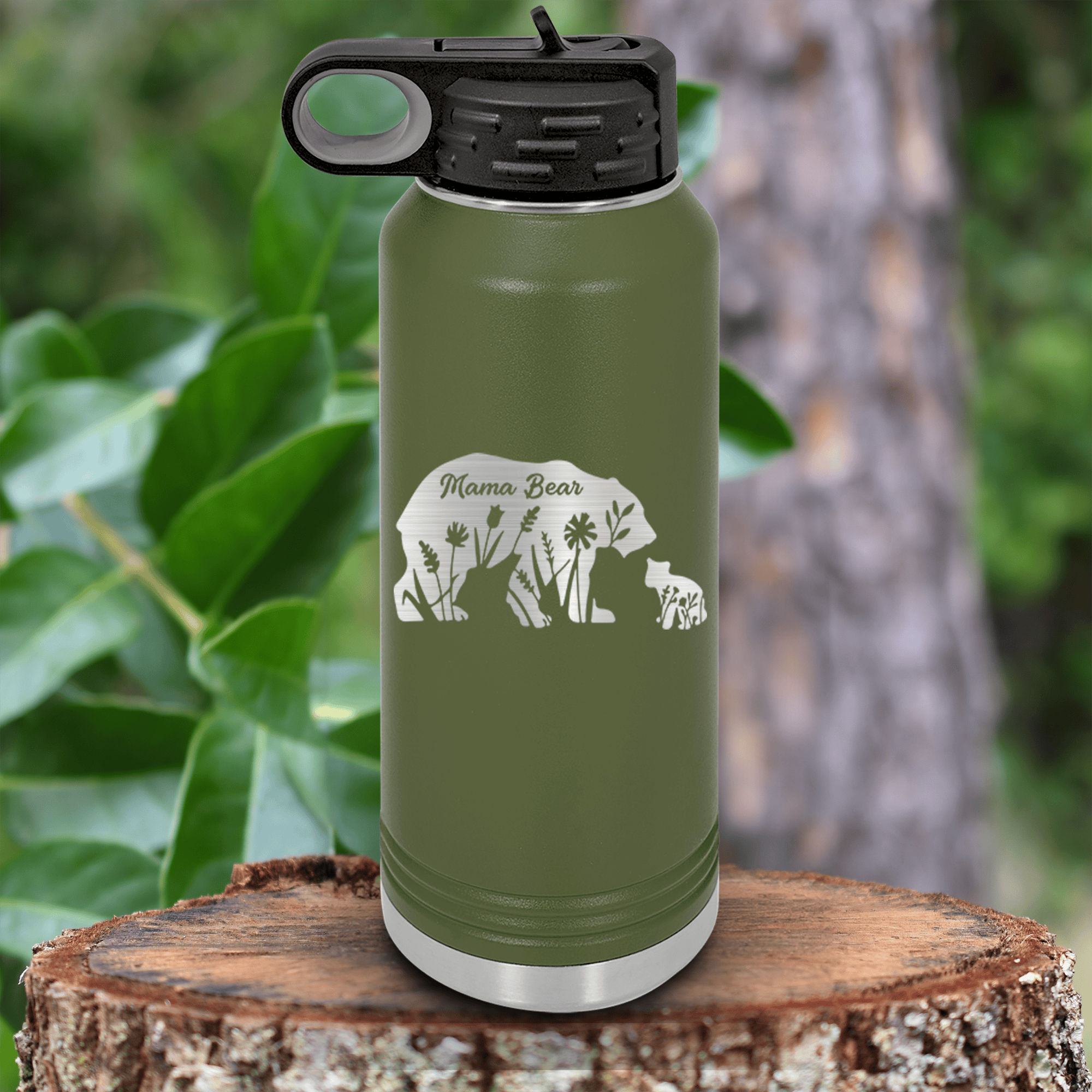 Military Green Mothers Day Water Bottle With Flower Mama Bear Design