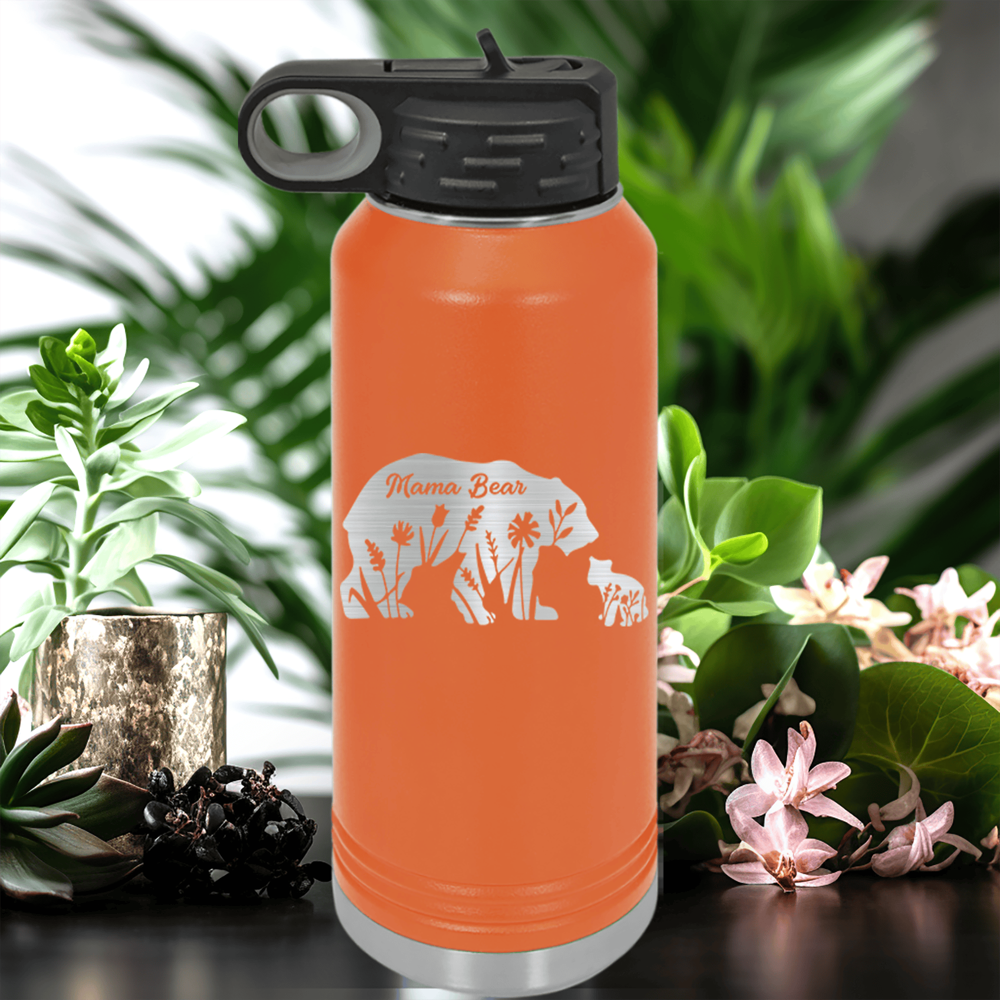 Orange Mothers Day Water Bottle With Flower Mama Bear Design