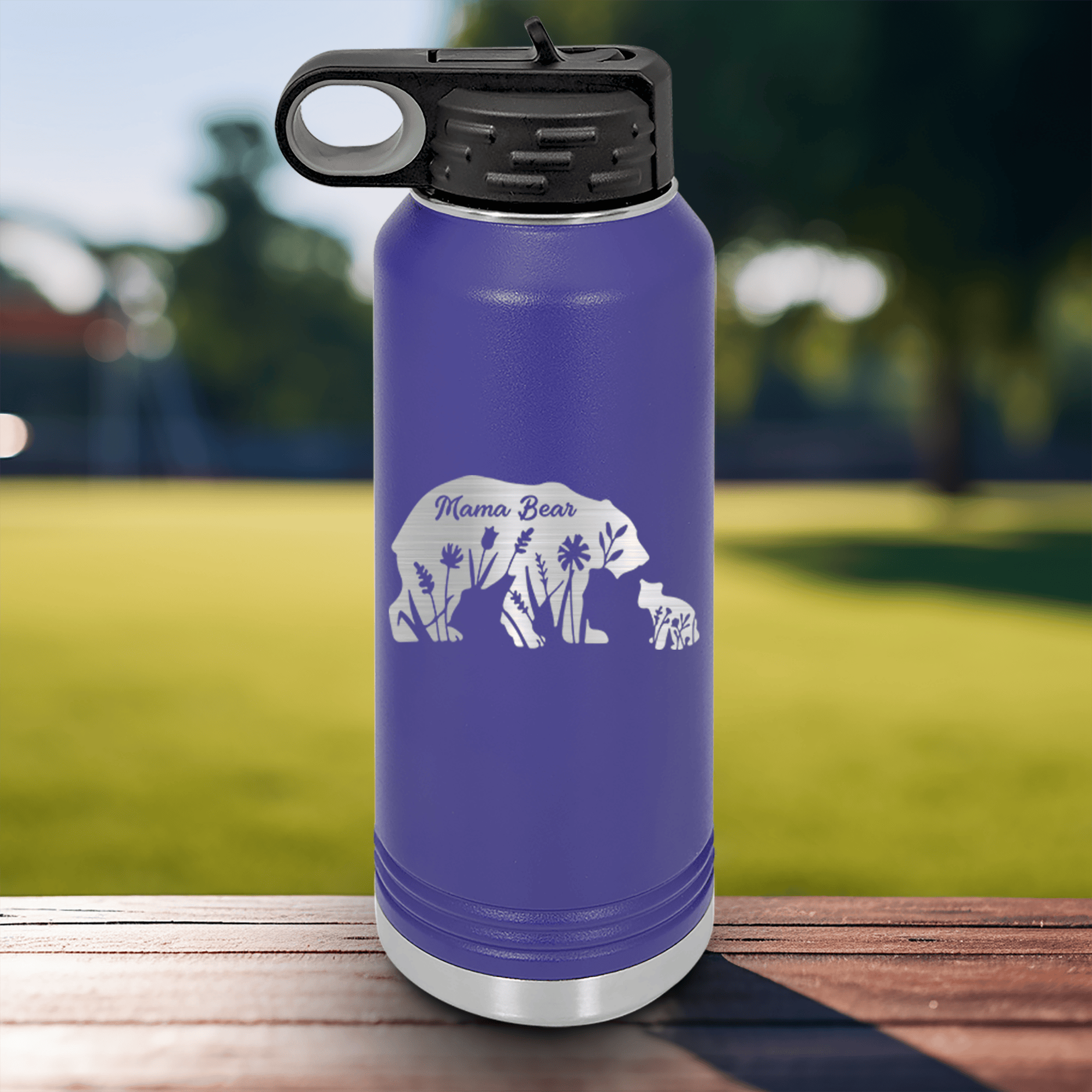 Purple Mothers Day Water Bottle With Flower Mama Bear Design