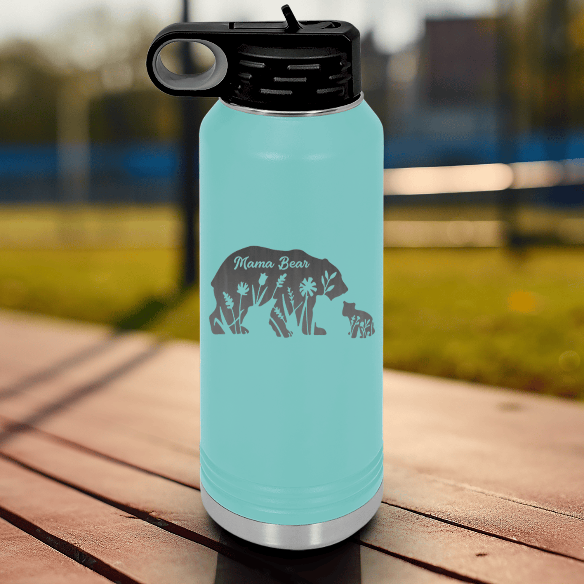 Teal Mothers Day Water Bottle With Flower Mama Bear Design