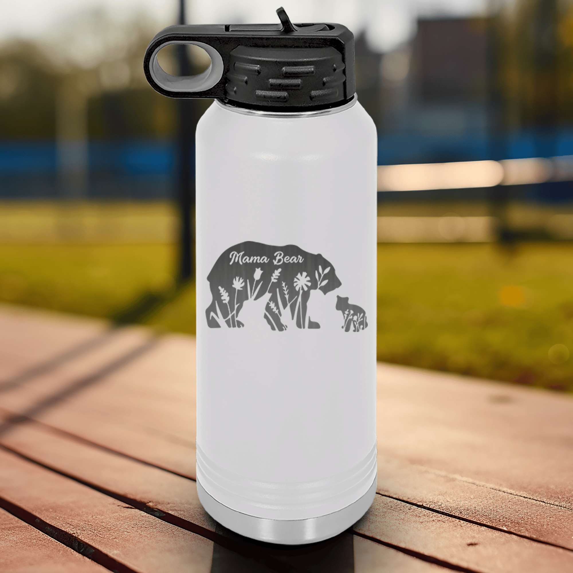 White Mothers Day Water Bottle With Flower Mama Bear Design