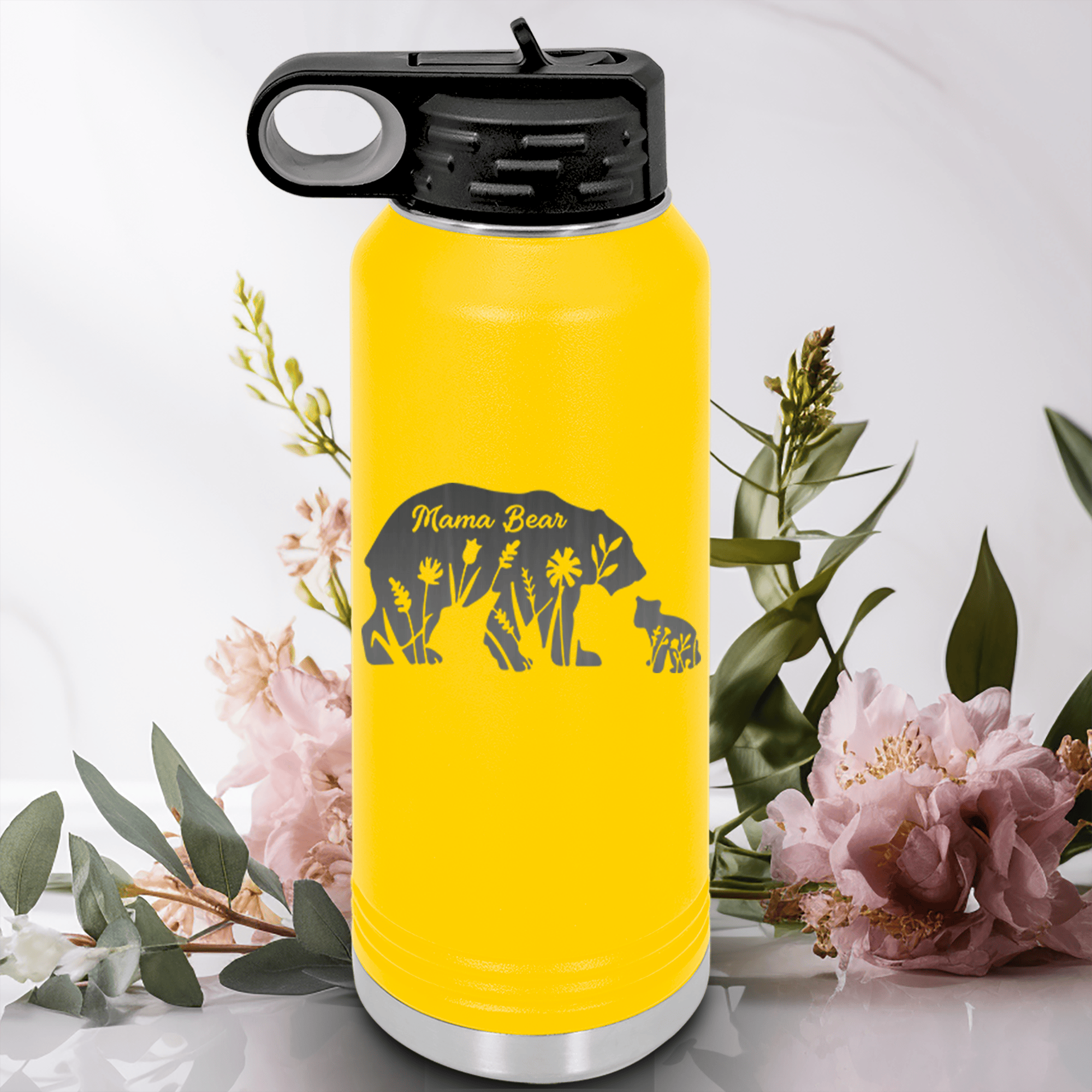 Yellow Mothers Day Water Bottle With Flower Mama Bear Design