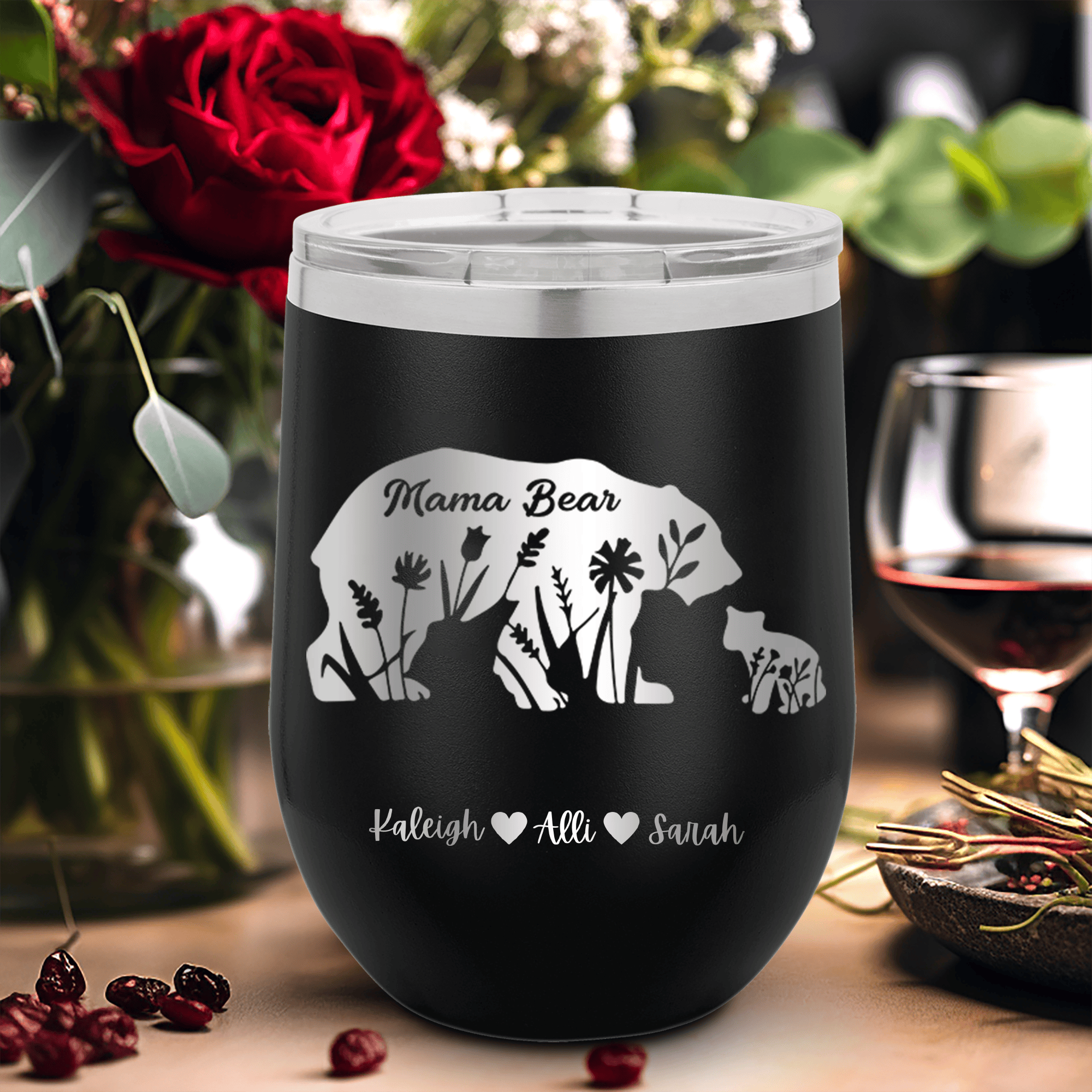 Black Mothers Day Wine Tumbler With Flower Mama Bear Design