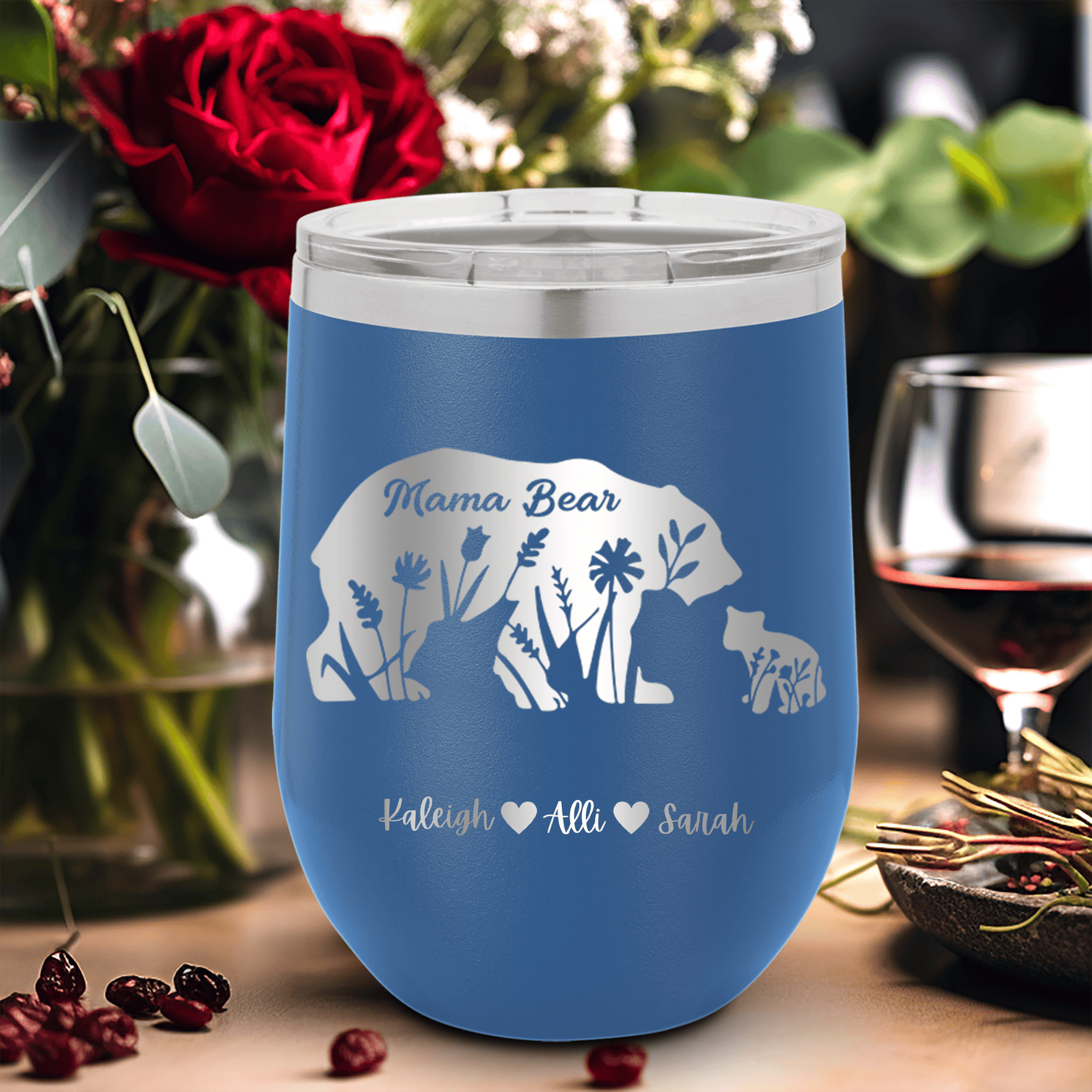 Blue Mothers Day Wine Tumbler With Flower Mama Bear Design