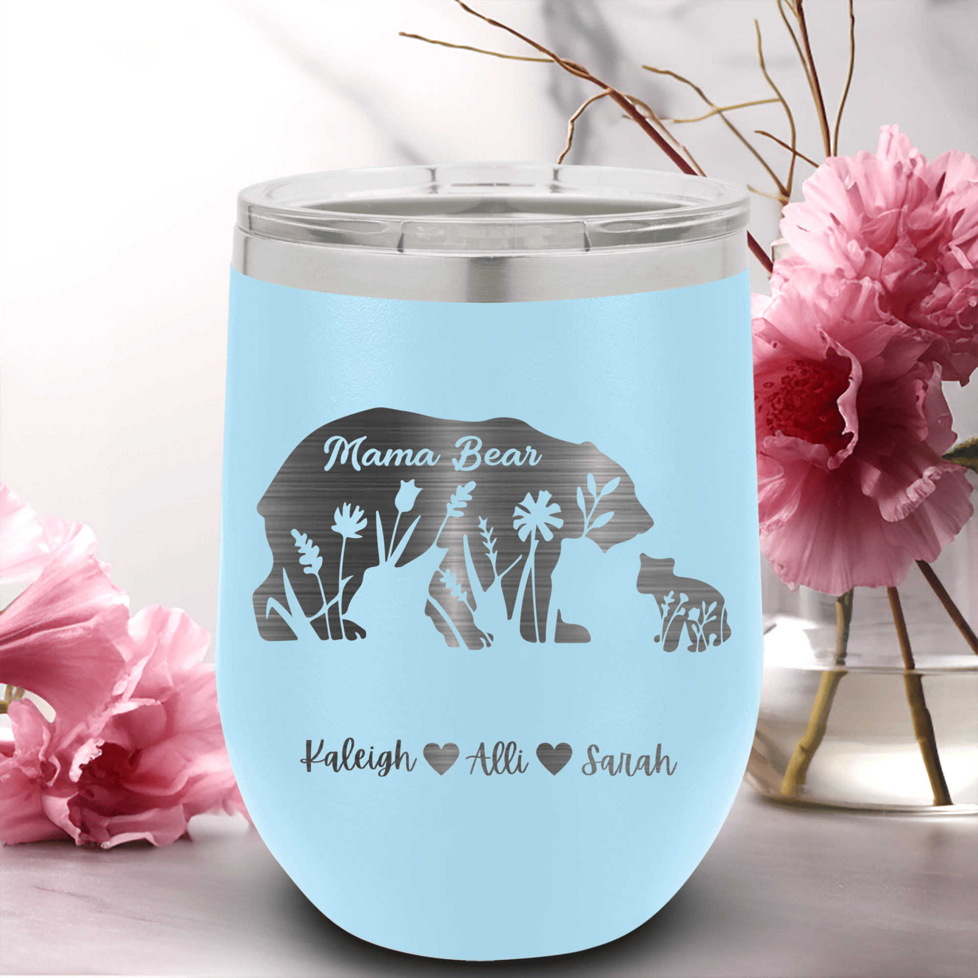 Light Blue Mothers Day Wine Tumbler With Flower Mama Bear Design