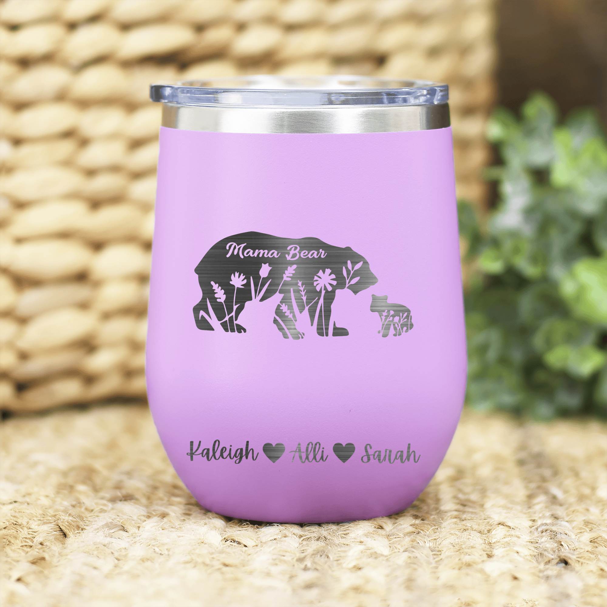 Light Purple Mothers Day Wine Tumbler With Flower Mama Bear Design