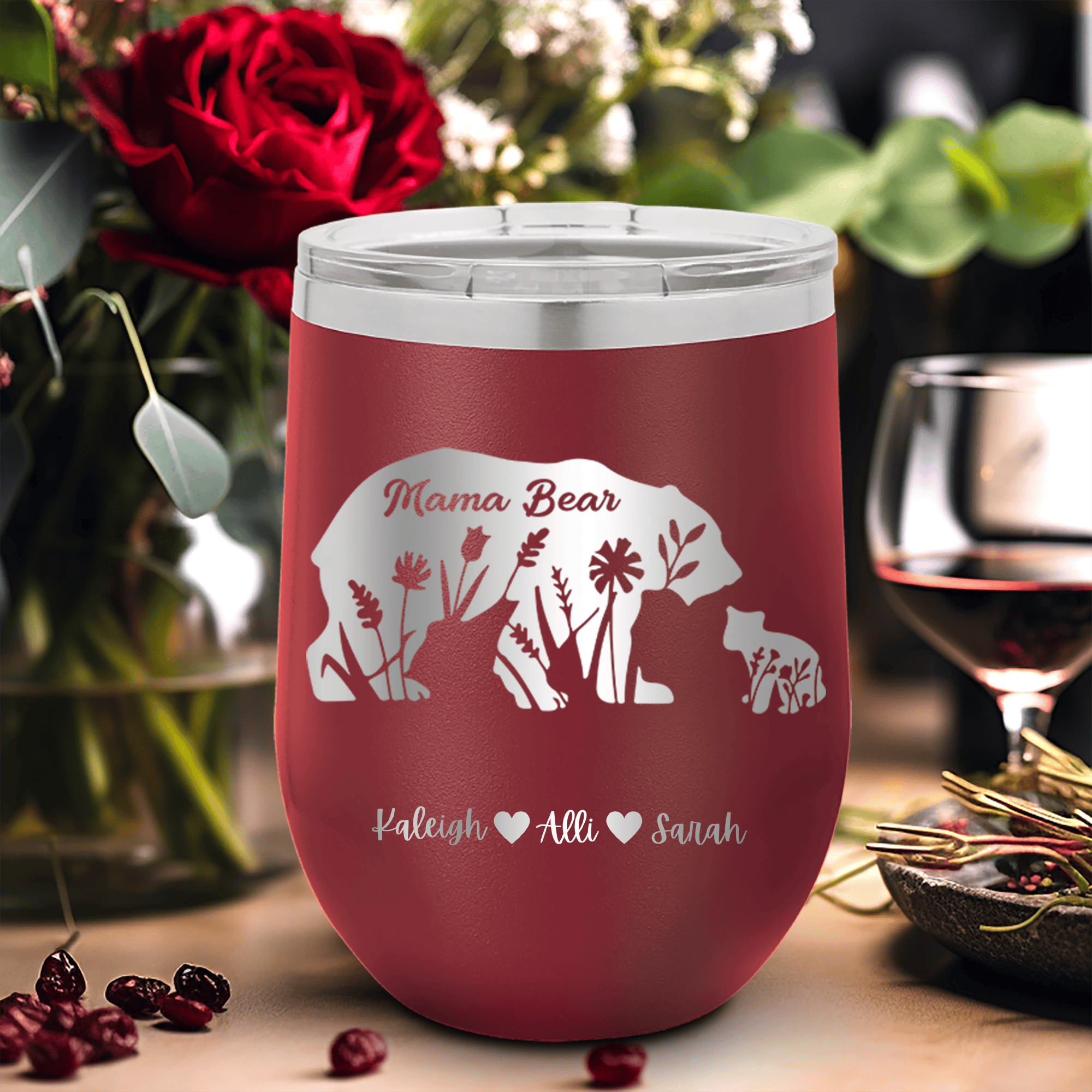 Maroon Mothers Day Wine Tumbler With Flower Mama Bear Design