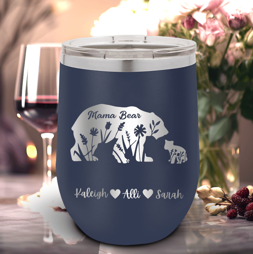 Navy Mothers Day Wine Tumbler With Flower Mama Bear Design