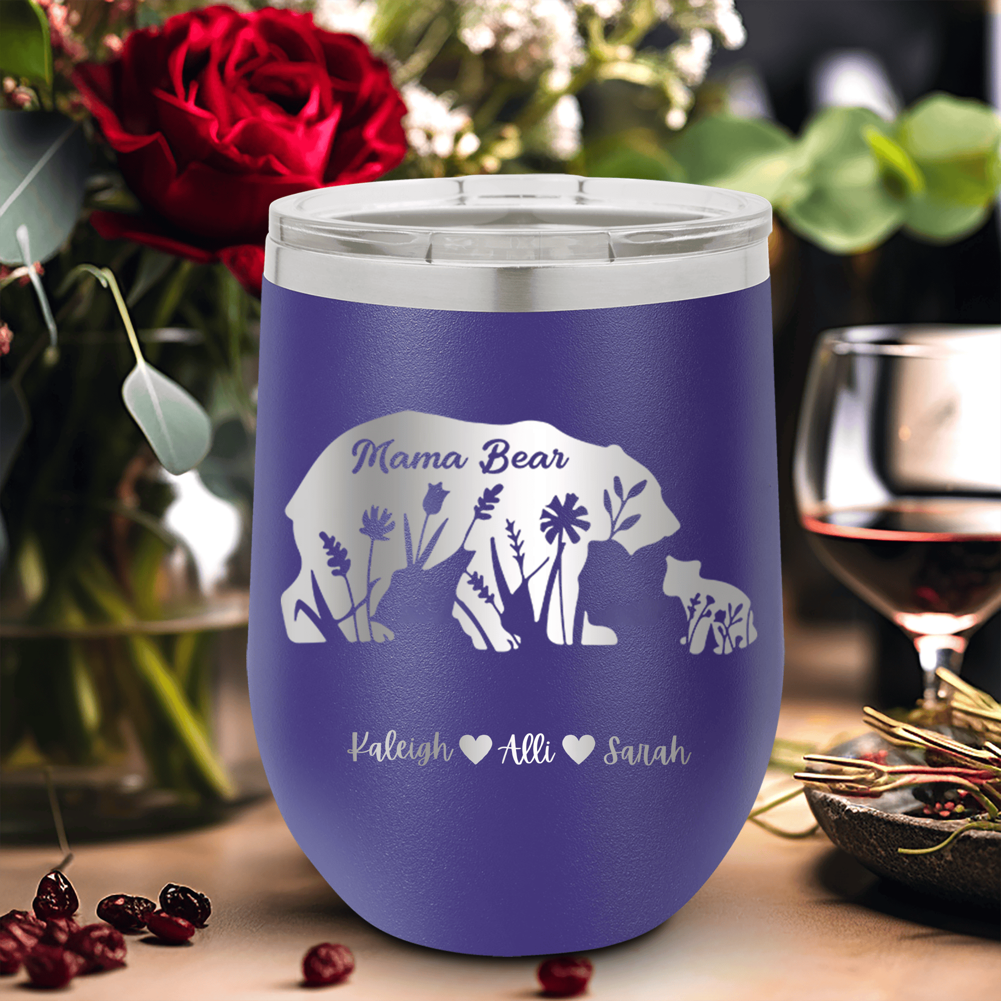 Purple Mothers Day Wine Tumbler With Flower Mama Bear Design