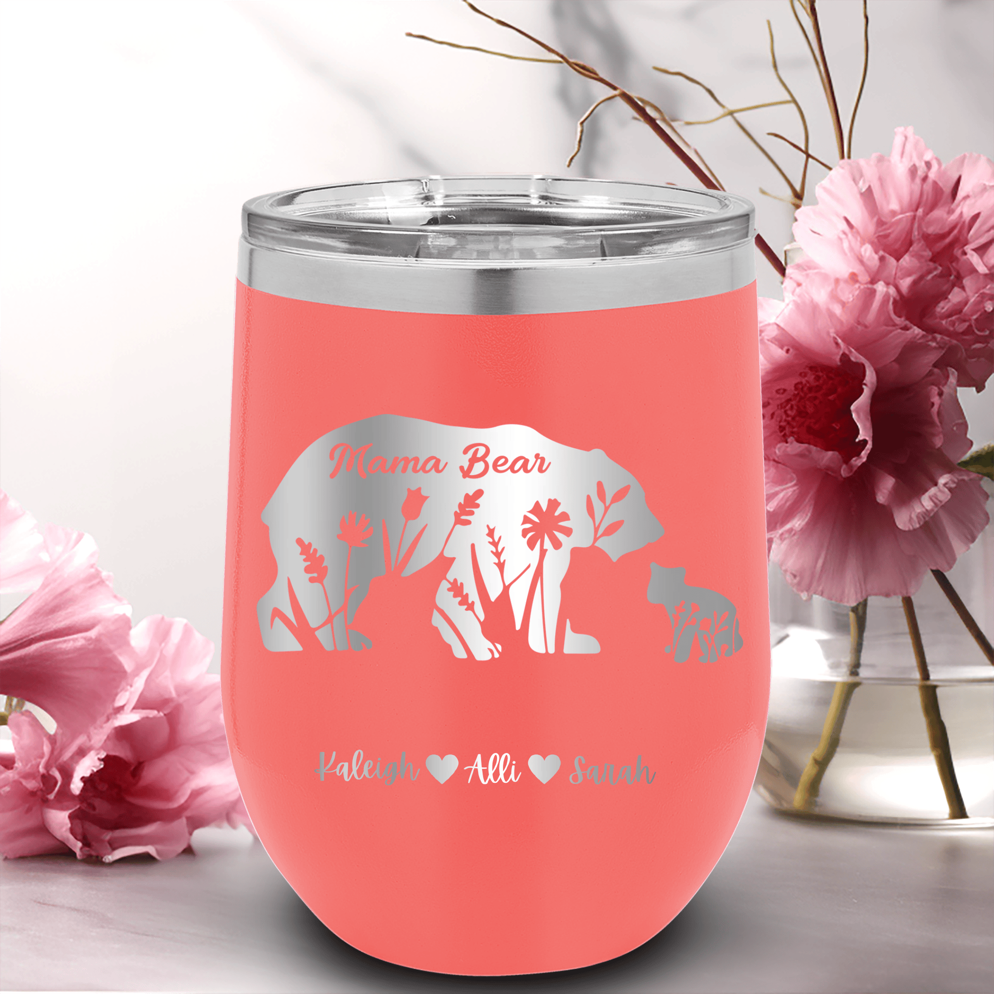 Salmon Mothers Day Wine Tumbler With Flower Mama Bear Design