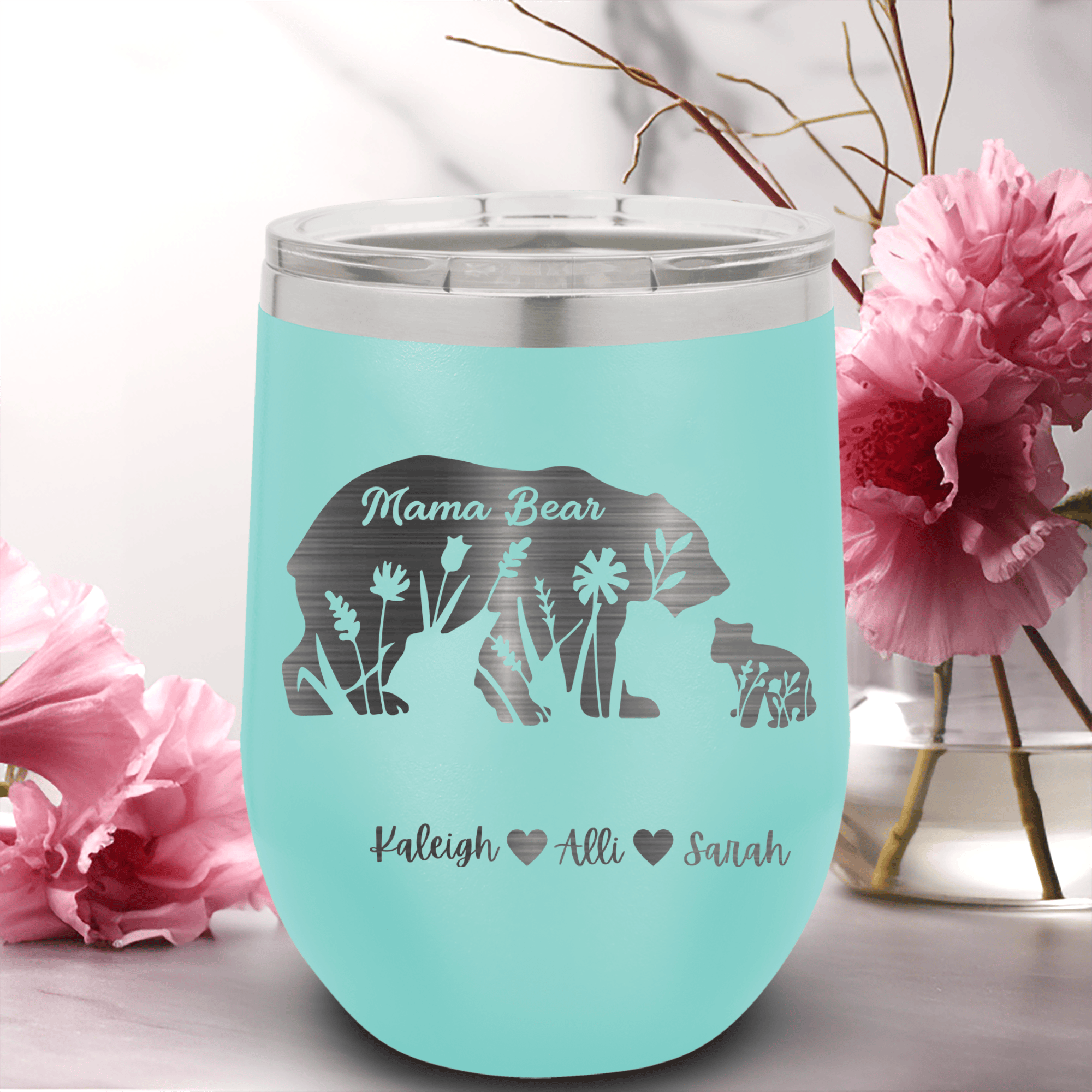 Teal Mothers Day Wine Tumbler With Flower Mama Bear Design