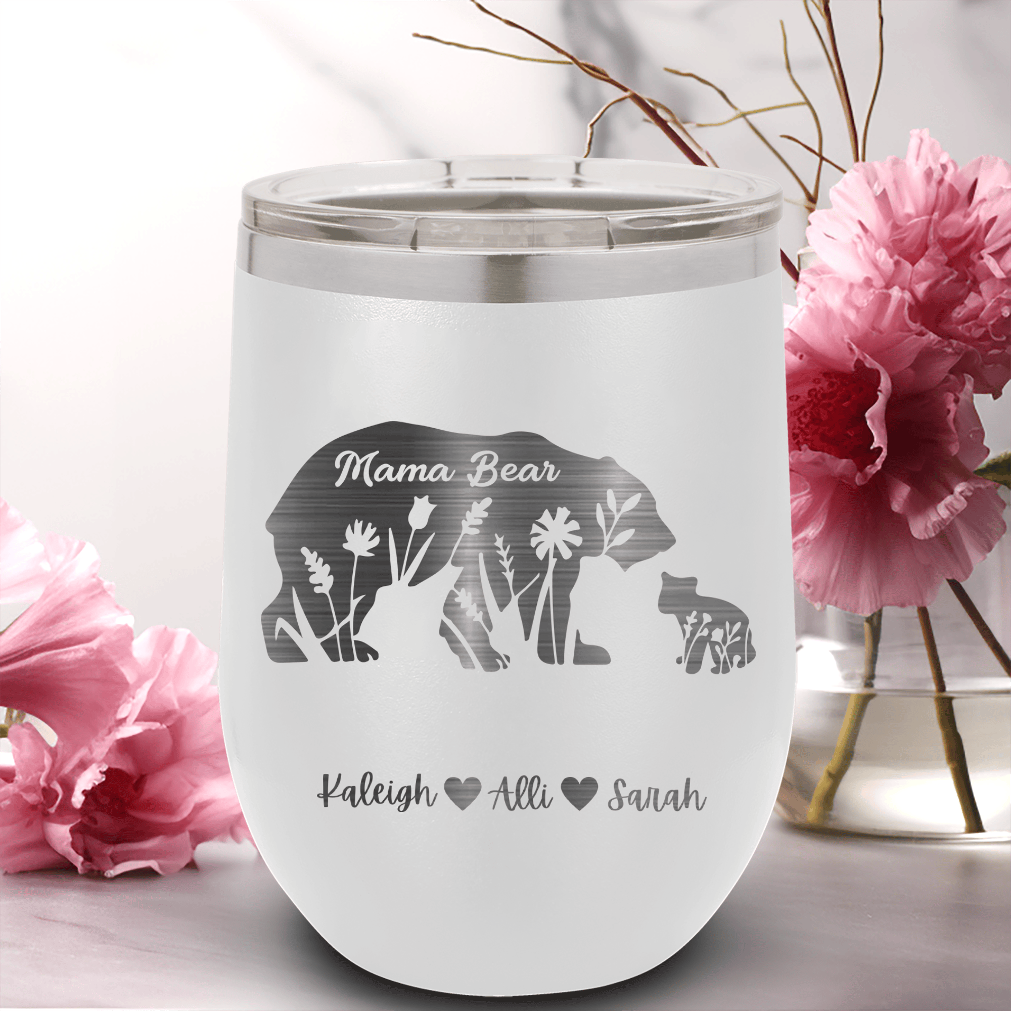 White Mothers Day Wine Tumbler With Flower Mama Bear Design