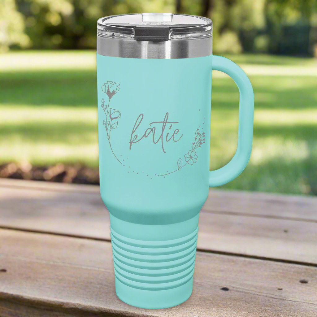 Aqua Teal Personalized Name Floral Design Insulated Tumbler with Handle