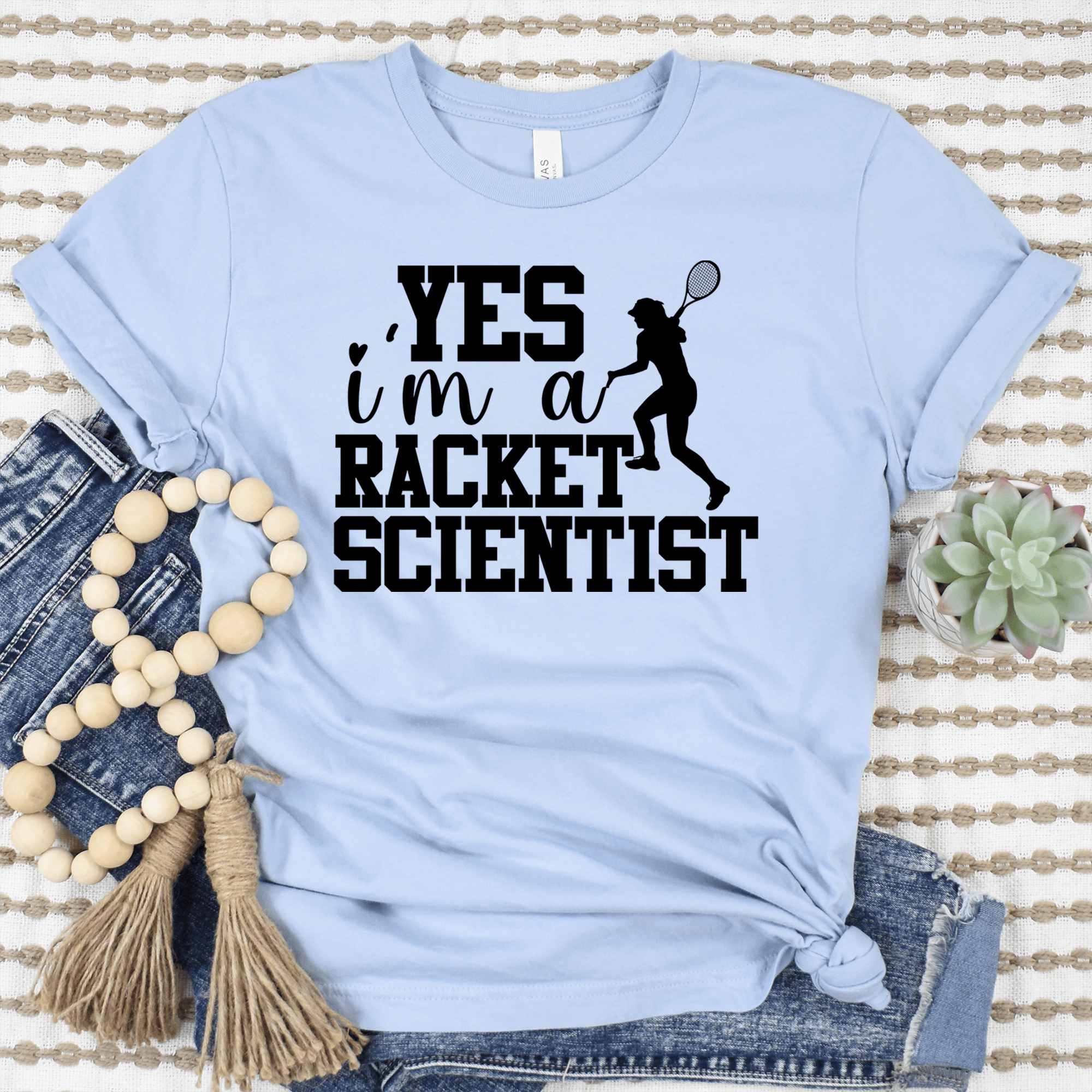 Womens Light Blue T Shirt with Girl-Tennis-Scientist design