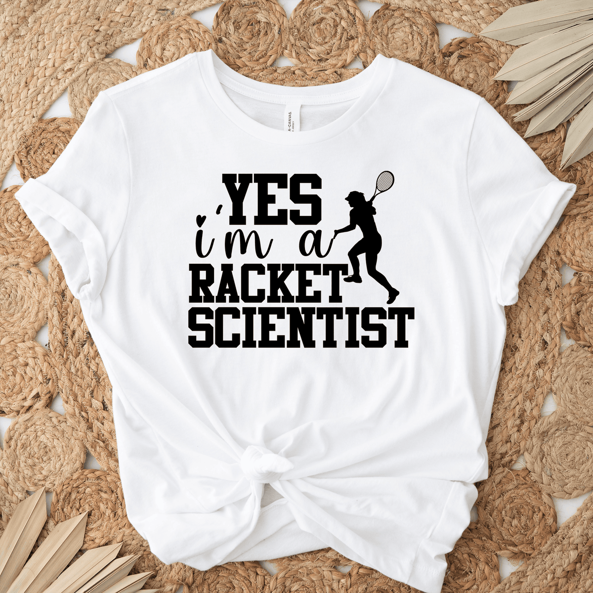 Womens White T Shirt with Girl-Tennis-Scientist design