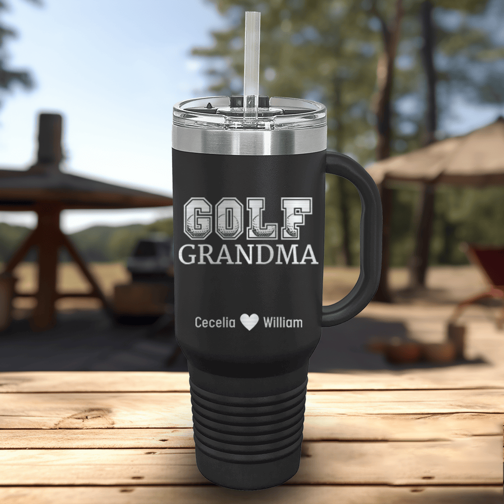 Black Golf Mom Travel Mug With Handle With Golf Grandma Design