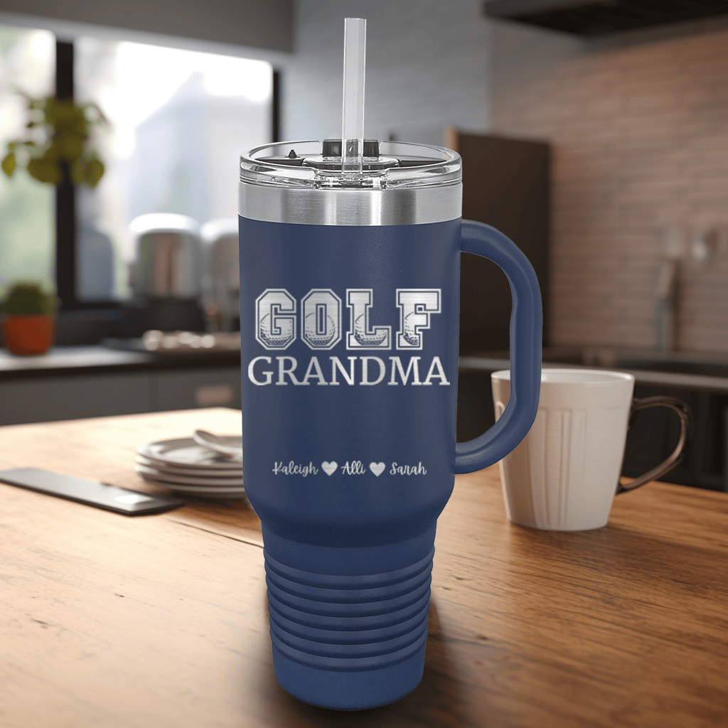 Navy Golf Mom Travel Mug With Handle With Golf Grandma Design