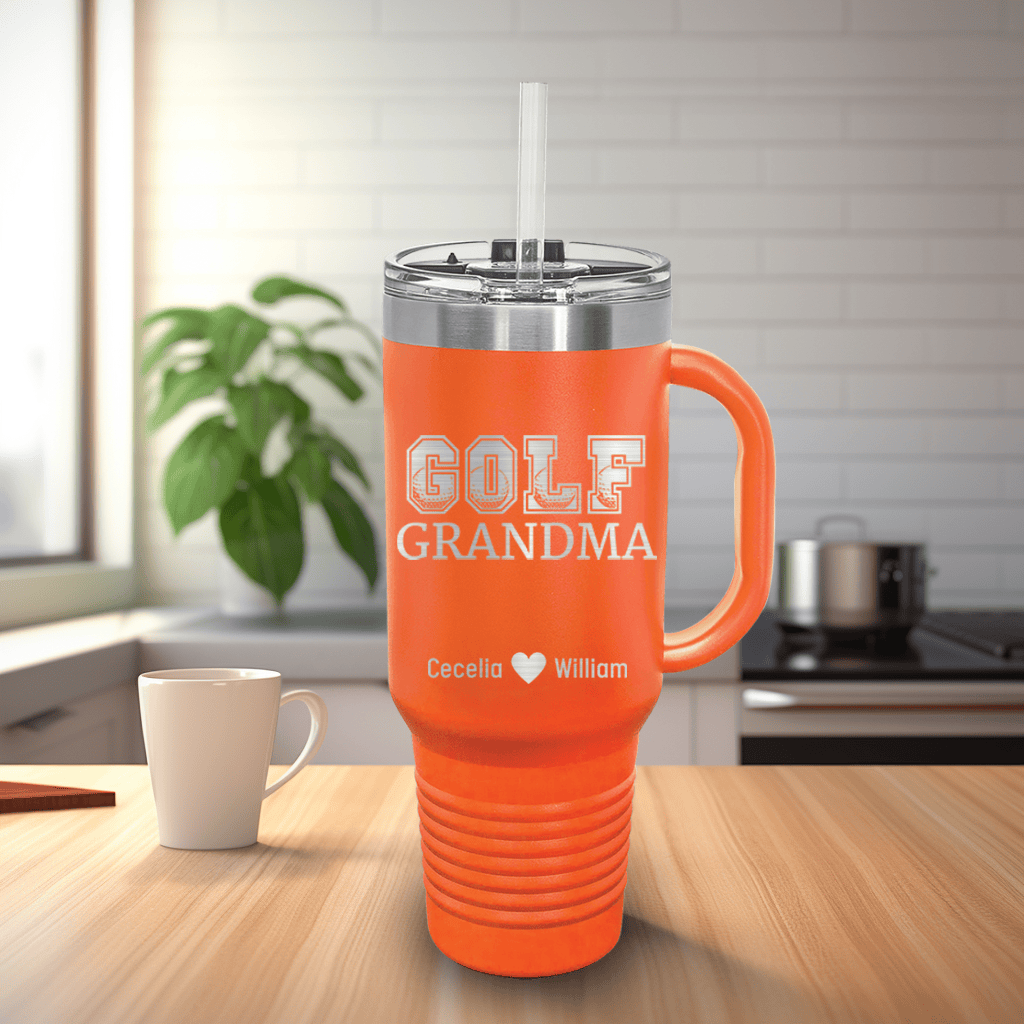 Orange Golf Mom Travel Mug With Handle With Golf Grandma Design