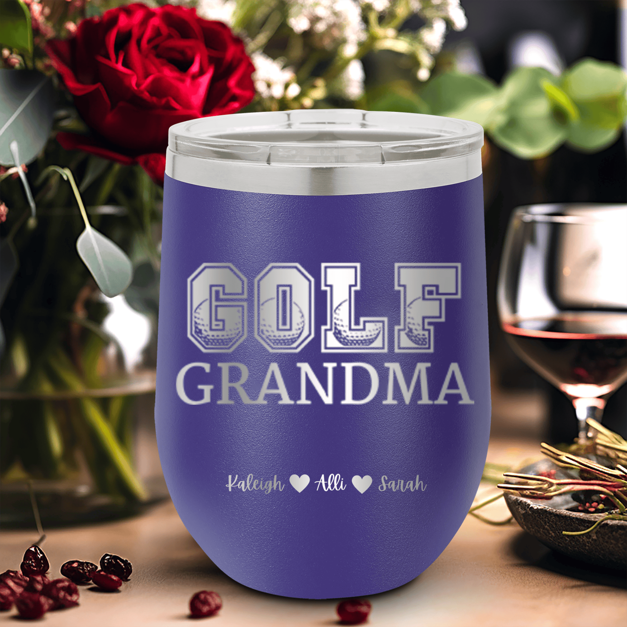 Purple Golf Mom Wine Tumbler With Golf Grandma Design