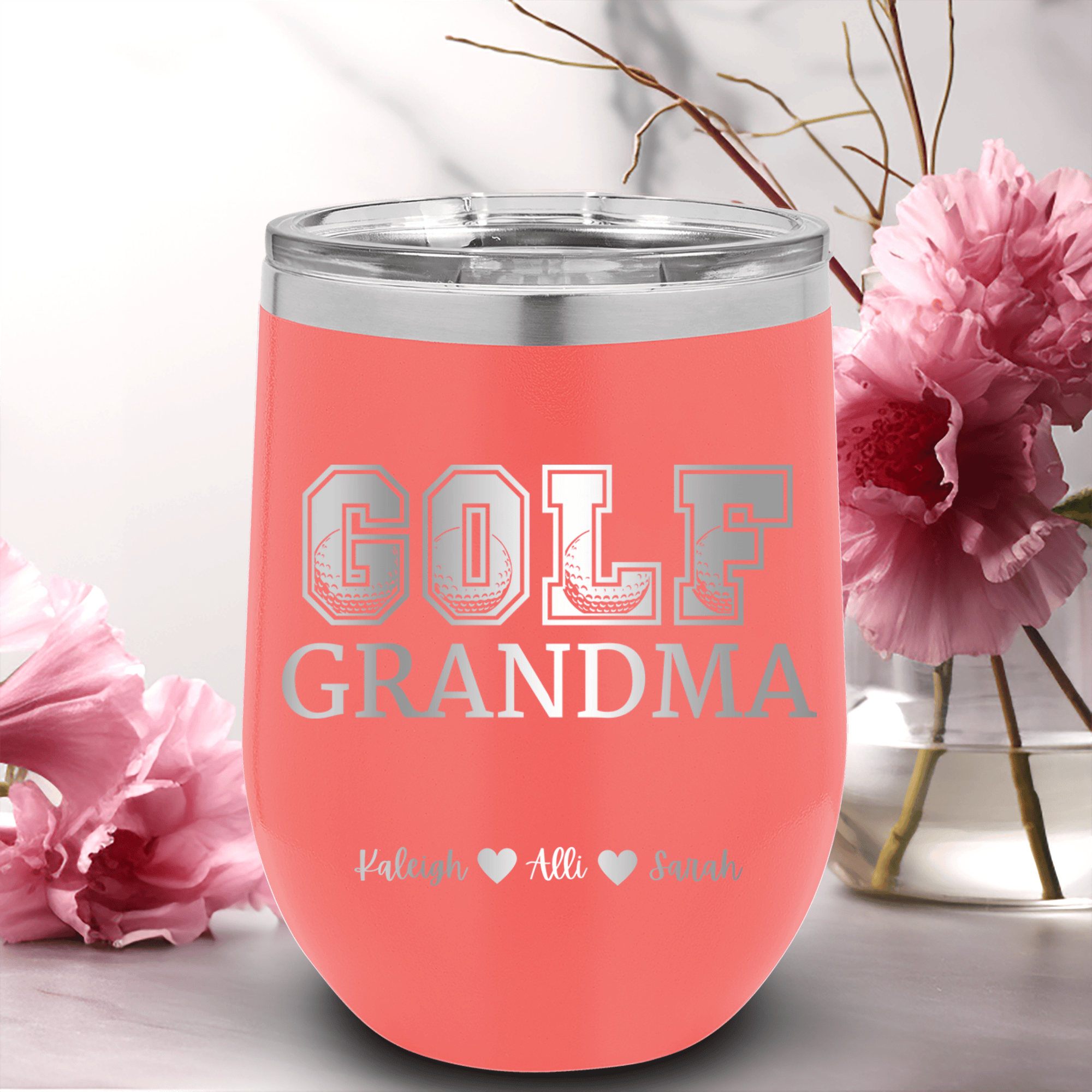 Salmon Golf Mom Wine Tumbler With Golf Grandma Design