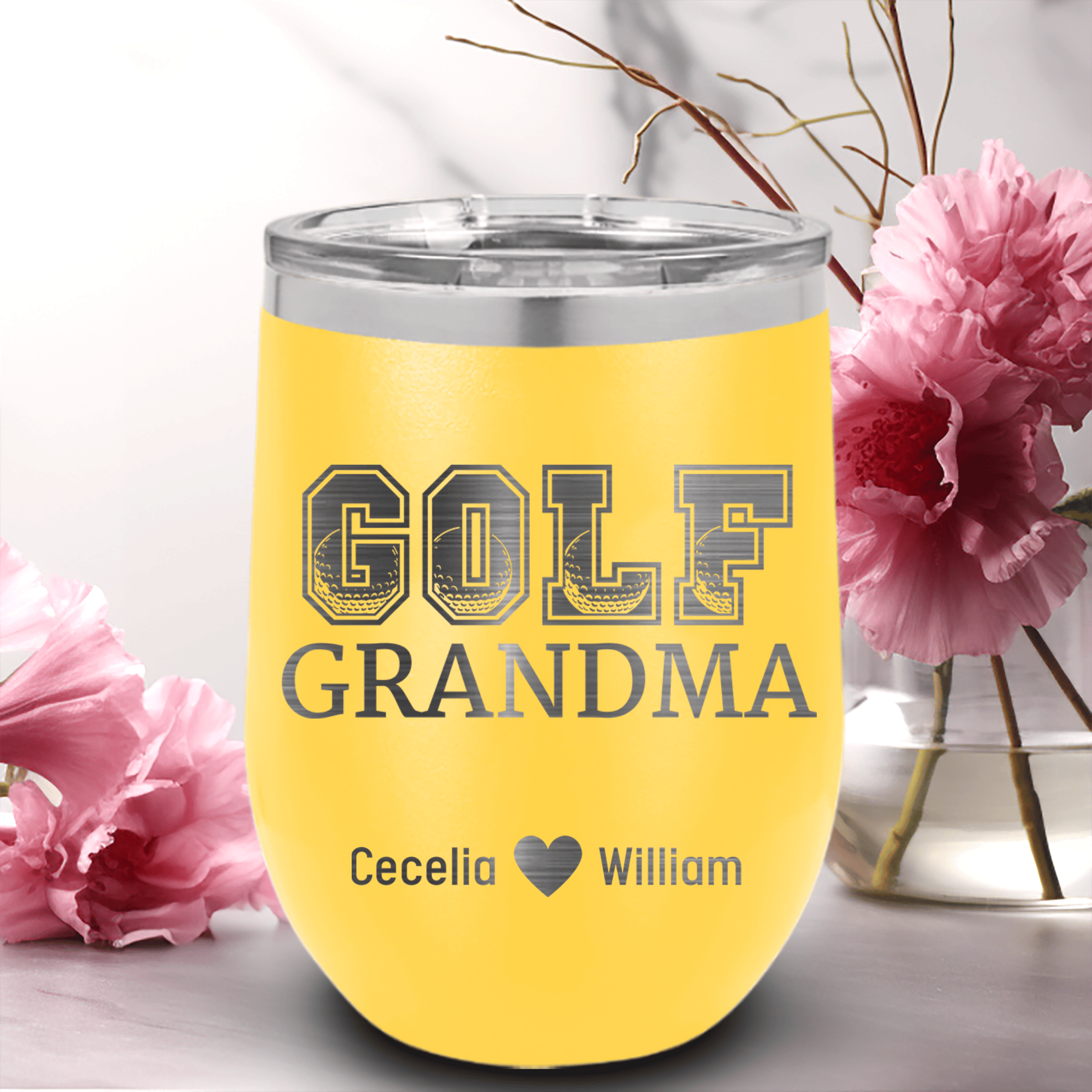 Yellow Golf Mom Wine Tumbler With Golf Grandma Design