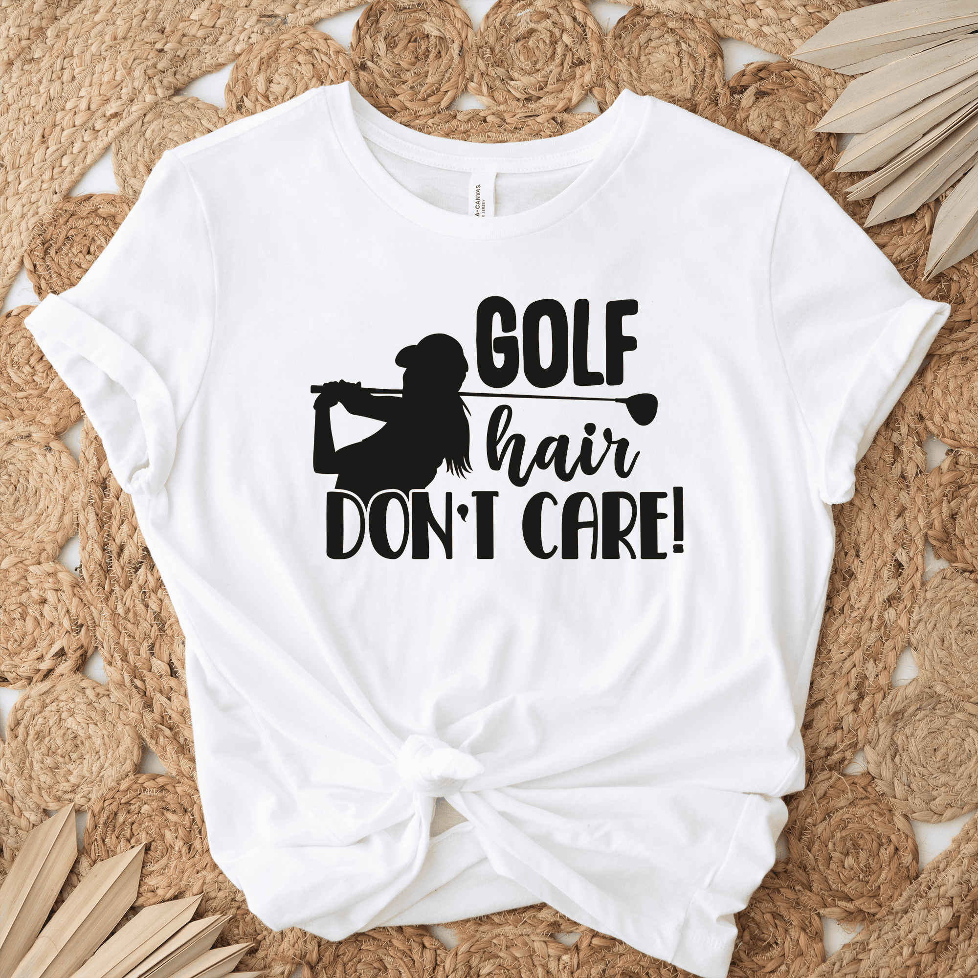 Womens White T Shirt with Golf-Hair-Dont-Care design