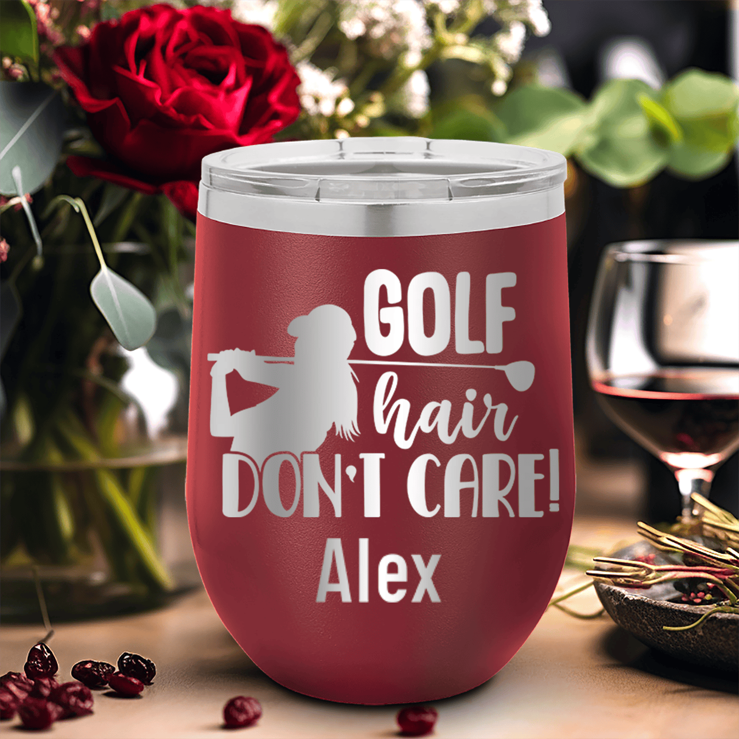 Maroon Golf Gifts For Her Wine Tumbler With Golf Hair Dont Care Design