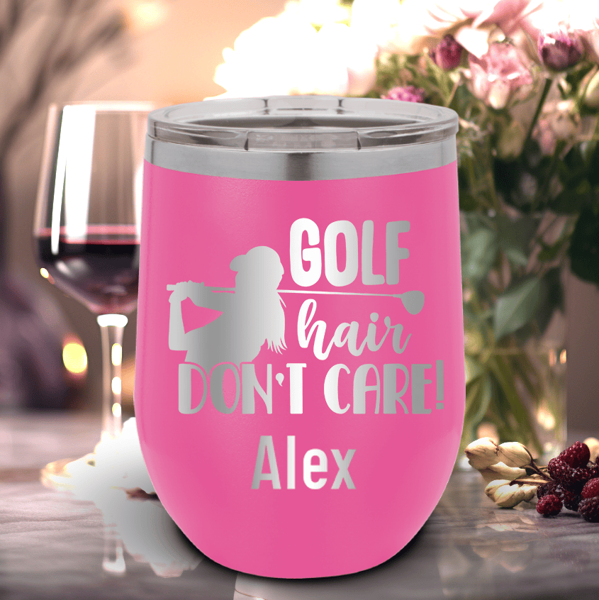 Pink Golf Gifts For Her Wine Tumbler With Golf Hair Dont Care Design