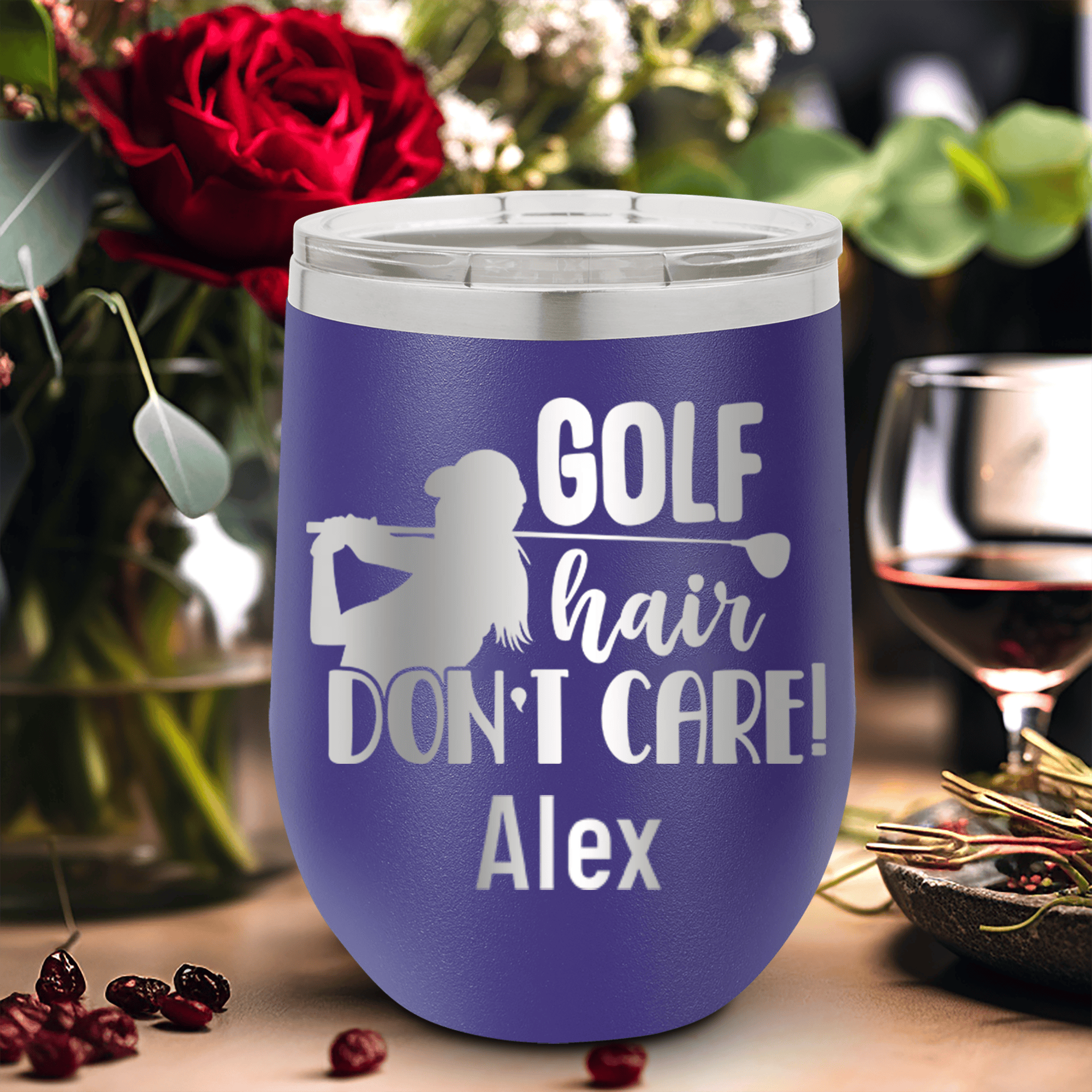 Purple Golf Gifts For Her Wine Tumbler With Golf Hair Dont Care Design