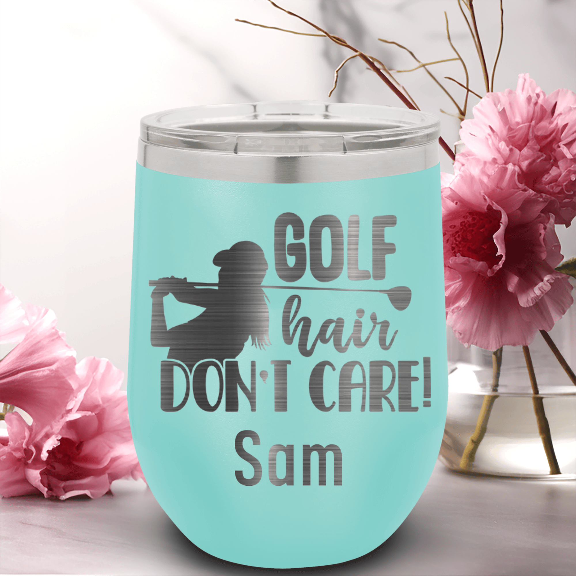 Teal Golf Gifts For Her Wine Tumbler With Golf Hair Dont Care Design