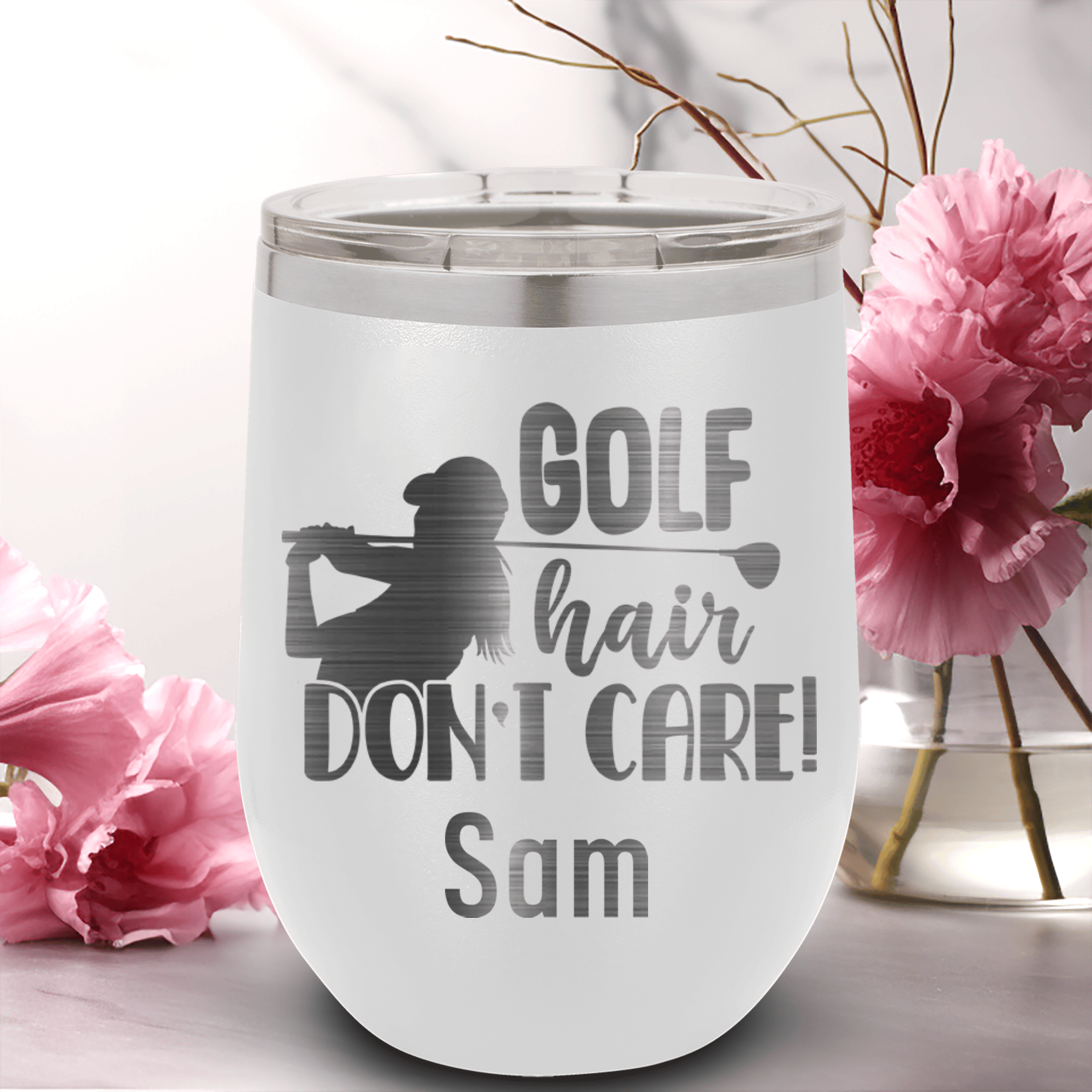 White Golf Gifts For Her Wine Tumbler With Golf Hair Dont Care Design