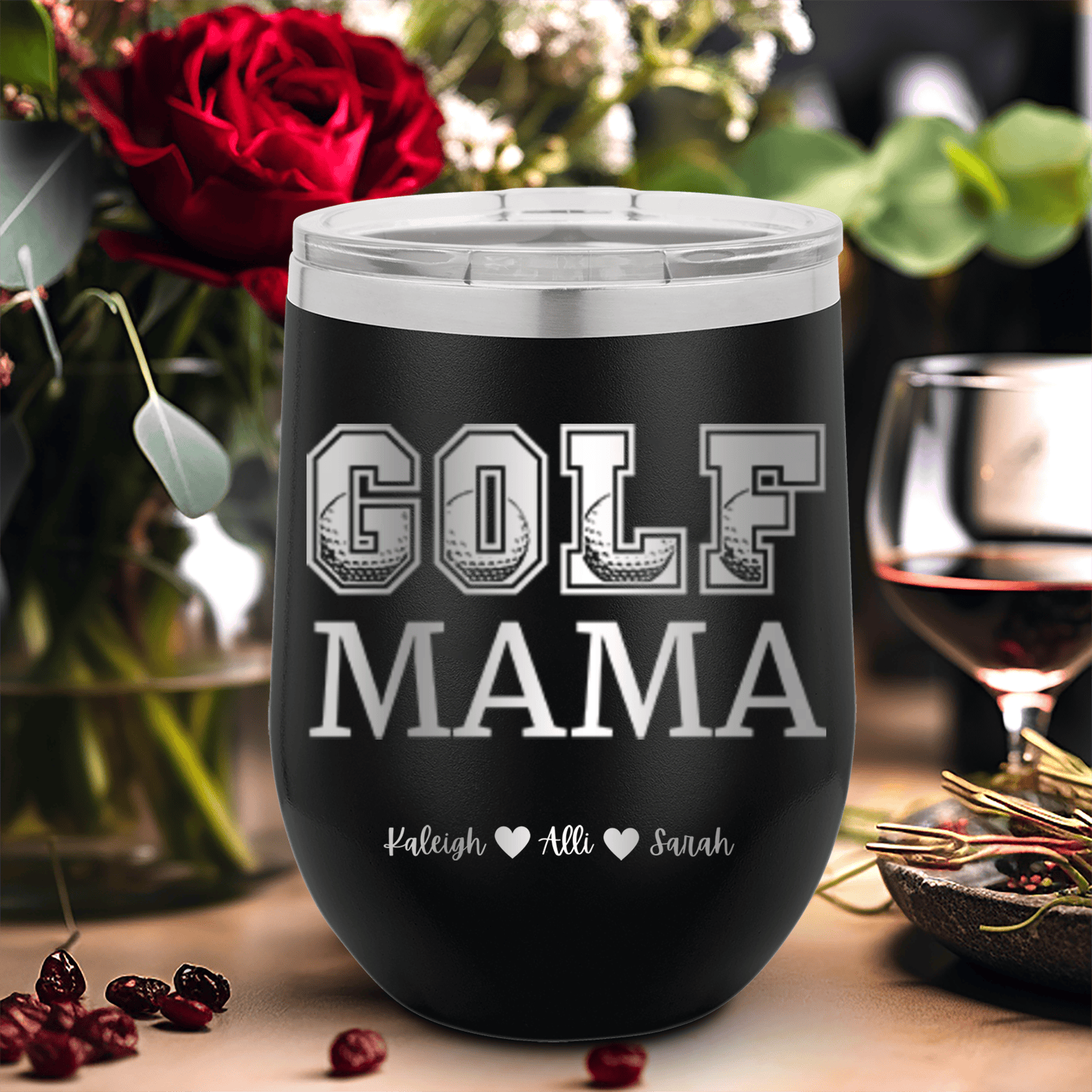 Black Golf Mom Wine Tumbler With Golf Mama Design
