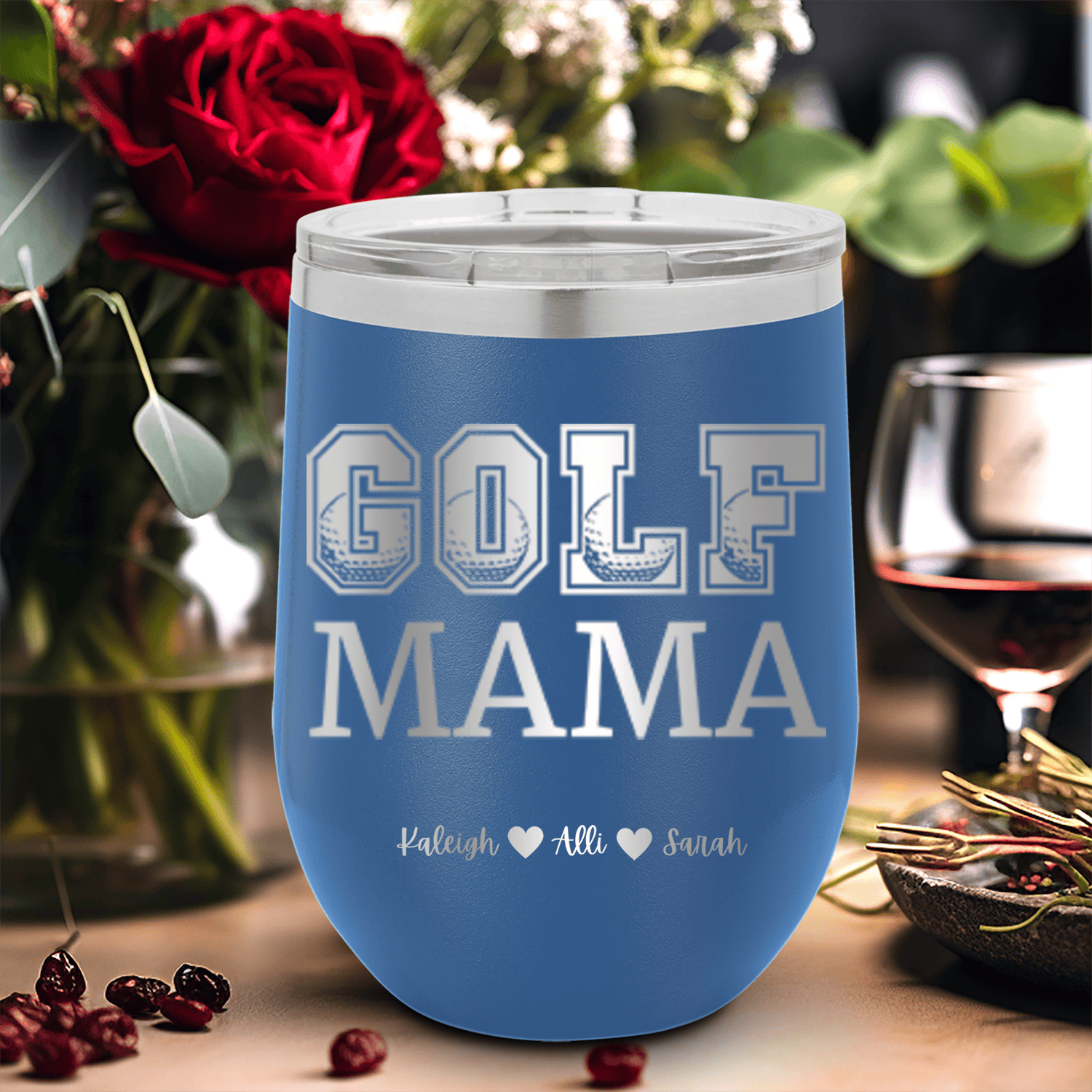 Blue Golf Mom Wine Tumbler With Golf Mama Design