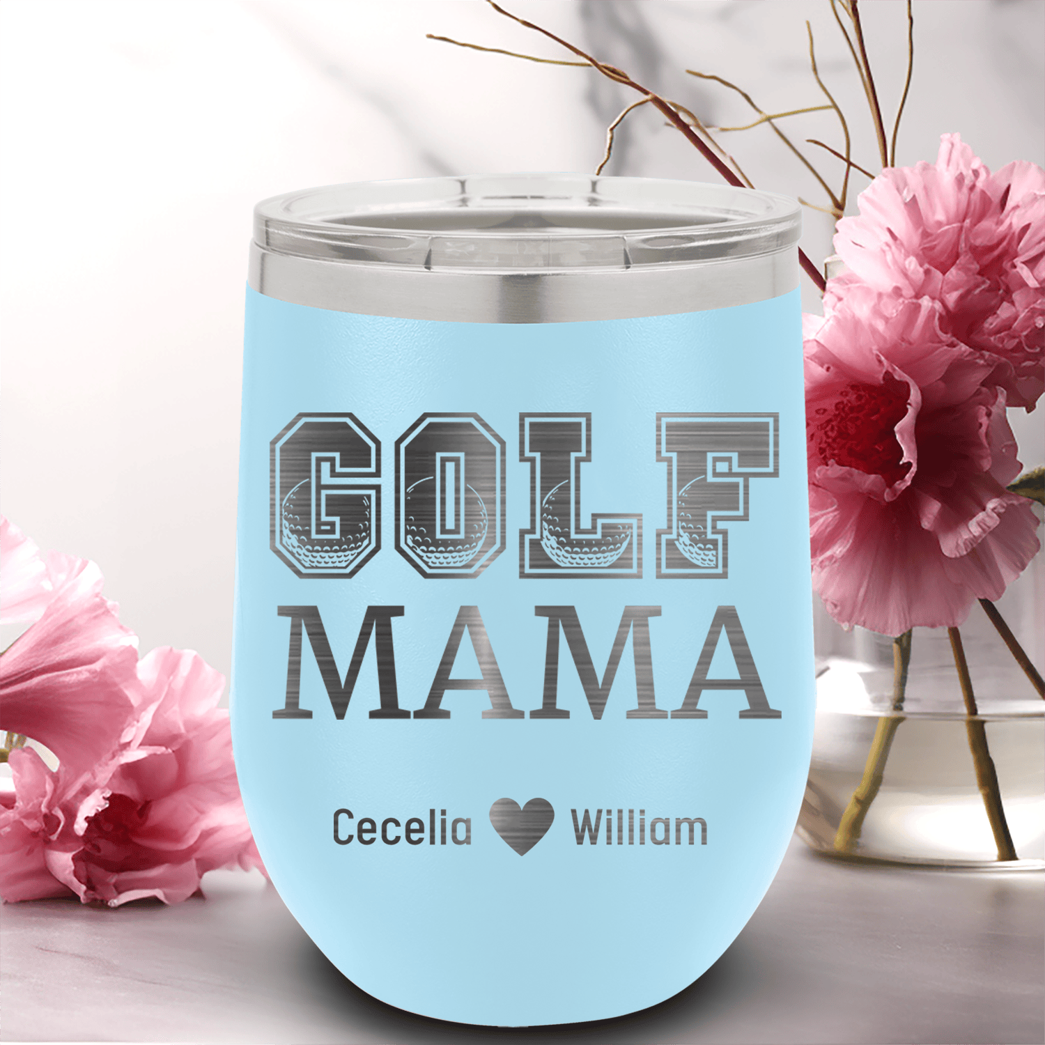 Light Blue Golf Mom Wine Tumbler With Golf Mama Design