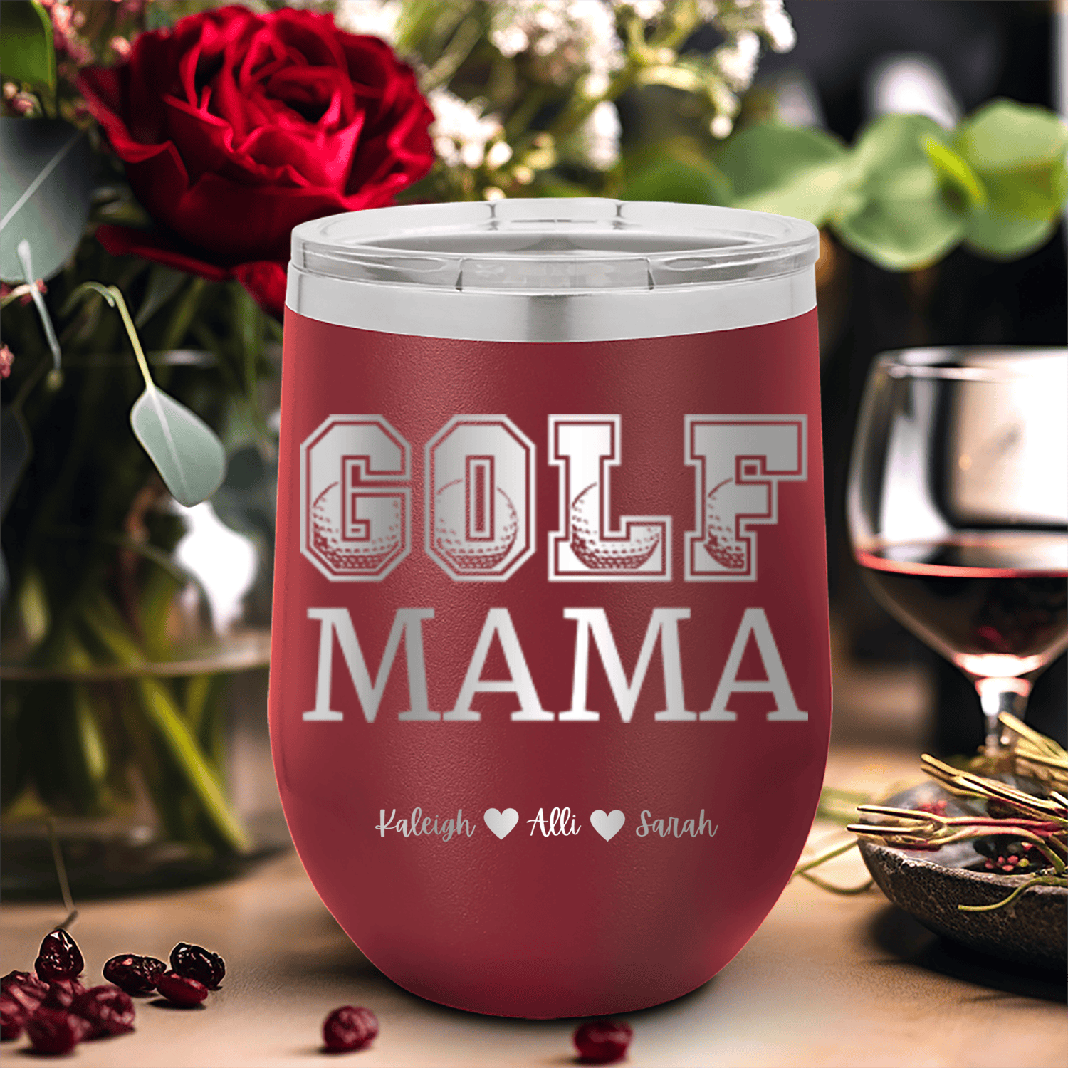 Maroon Golf Mom Wine Tumbler With Golf Mama Design