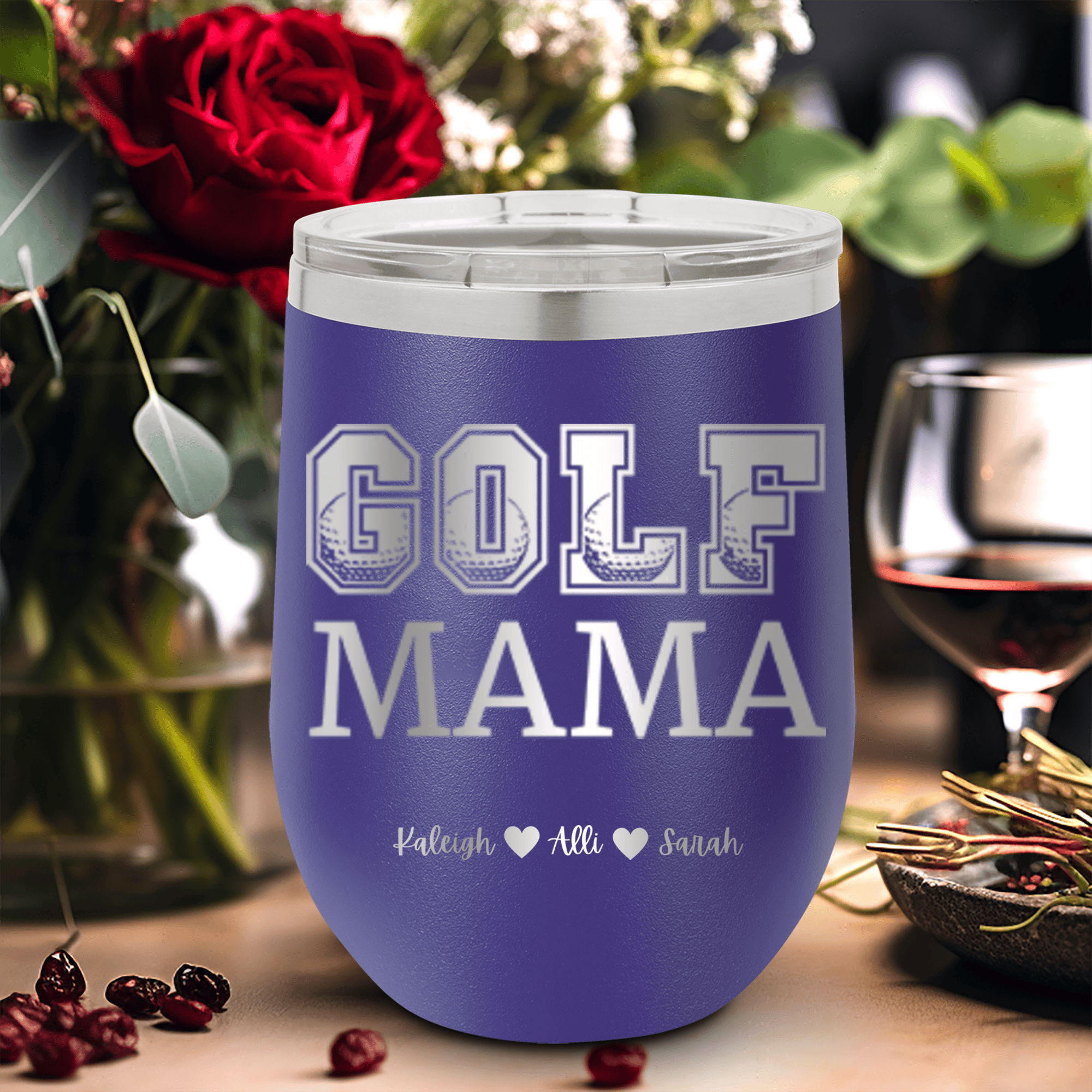 Purple Golf Mom Wine Tumbler With Golf Mama Design