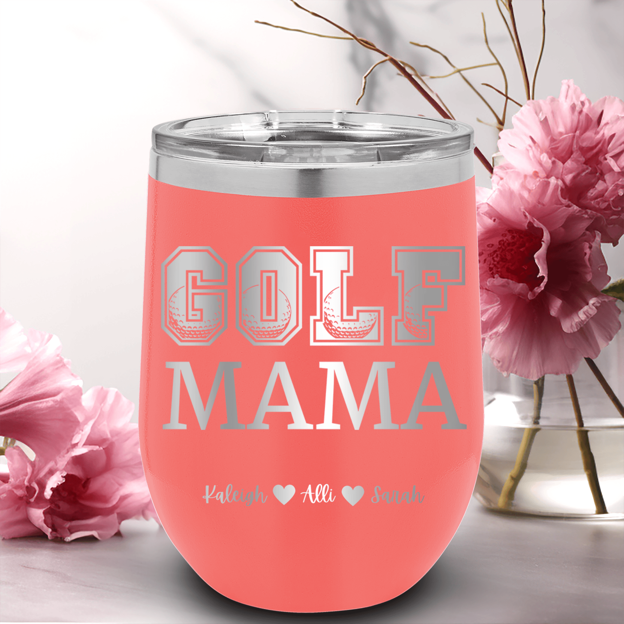 Salmon Golf Mom Wine Tumbler With Golf Mama Design