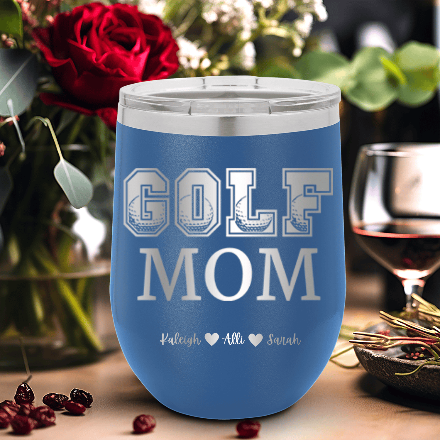 Blue Golf Mom Wine Tumbler With Golf Mom Design