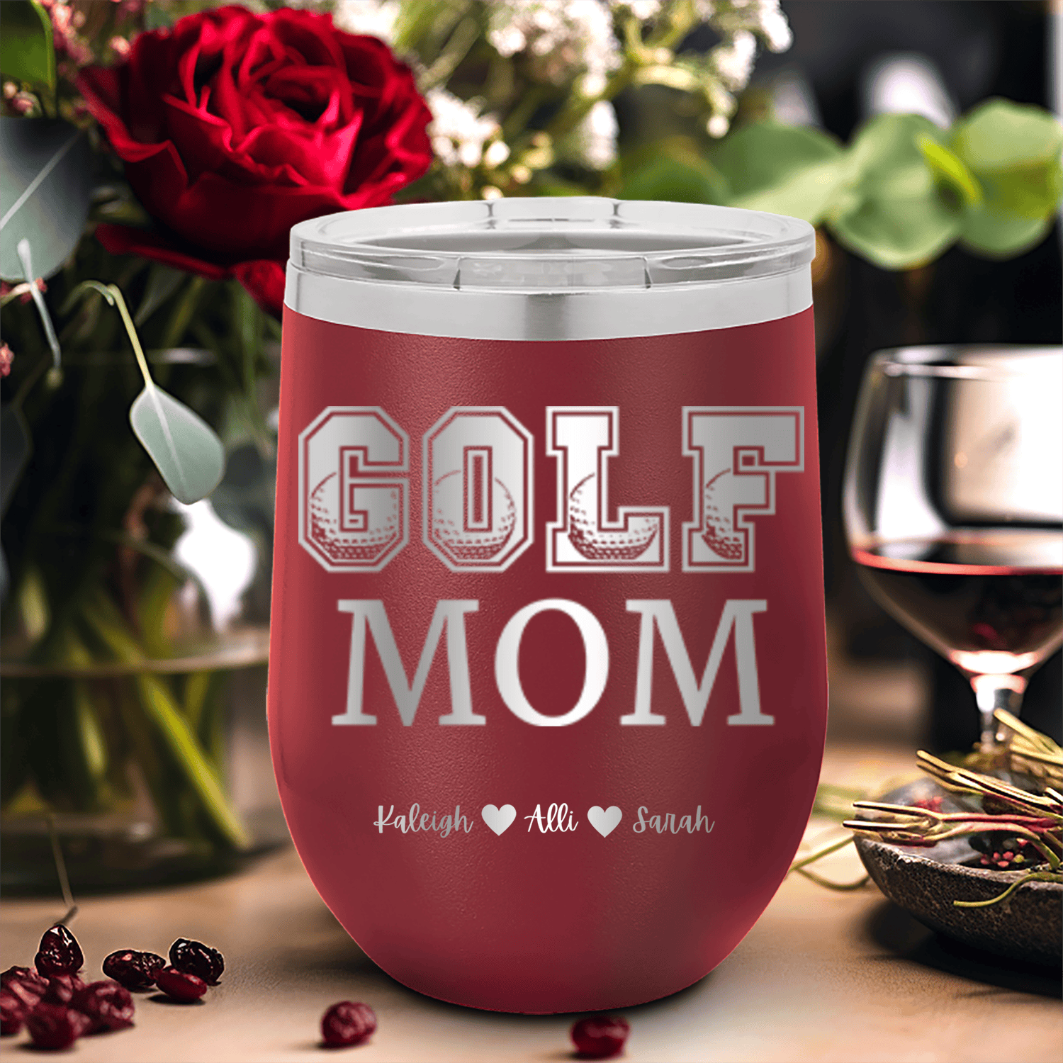 Maroon Golf Mom Wine Tumbler With Golf Mom Design