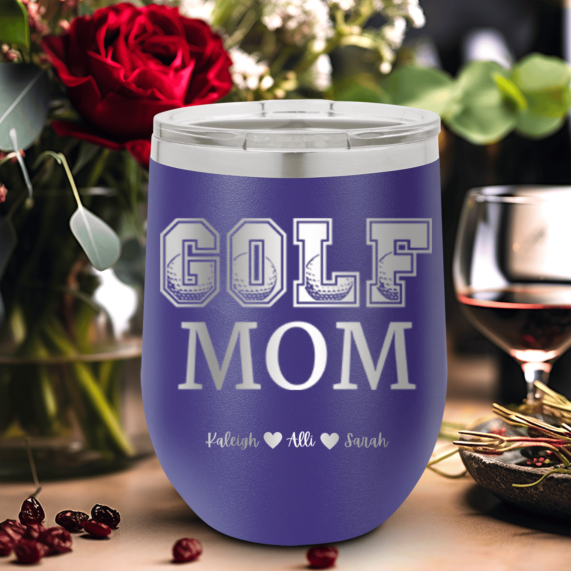 Purple Golf Mom Wine Tumbler With Golf Mom Design