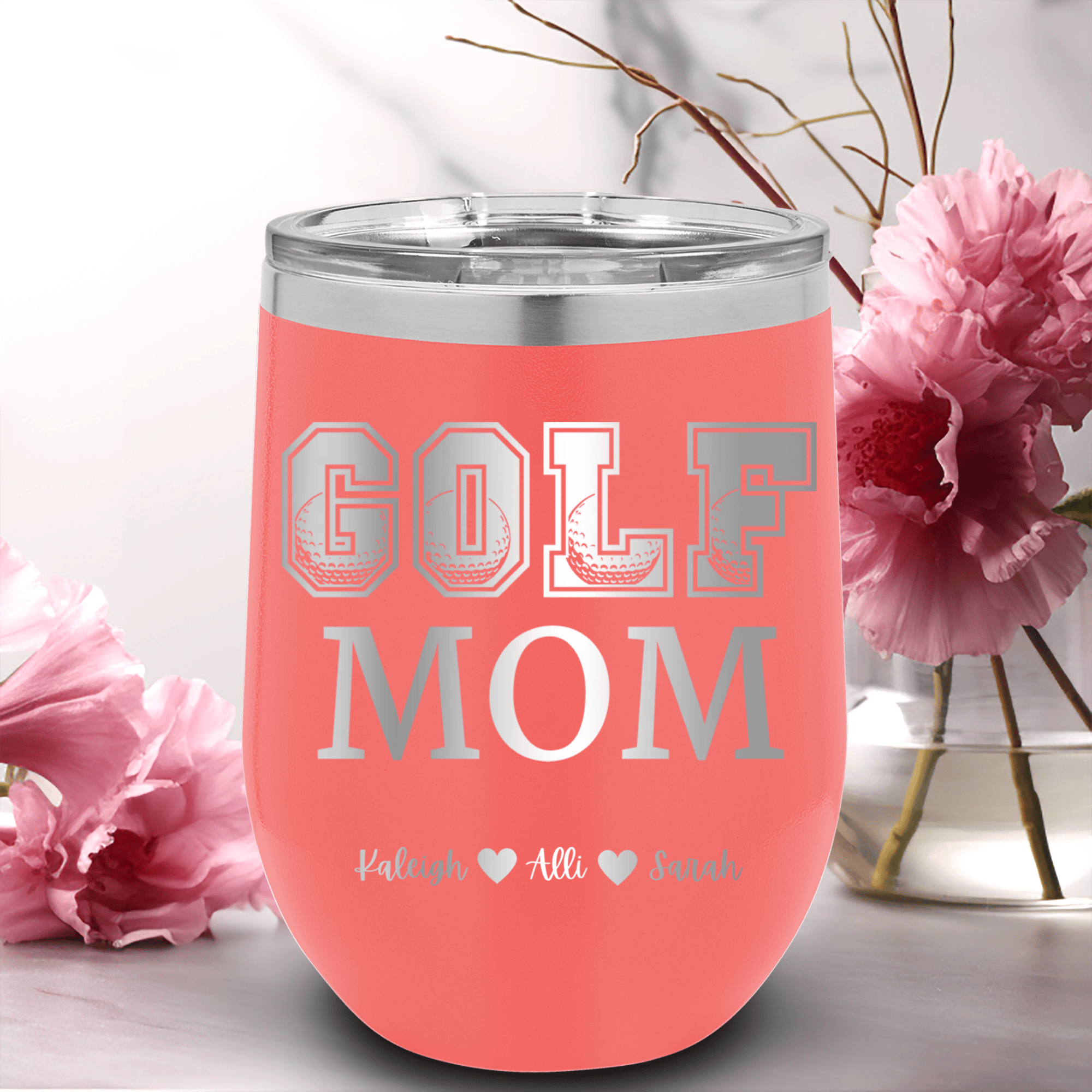 Salmon Golf Mom Wine Tumbler With Golf Mom Design