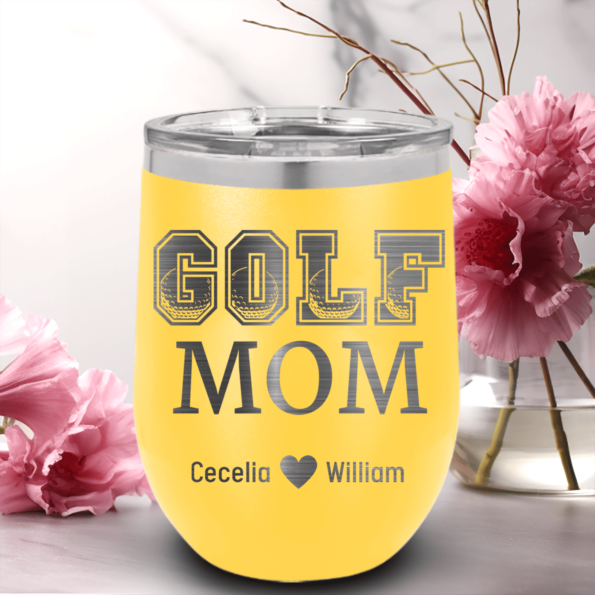 Yellow Golf Mom Wine Tumbler With Golf Mom Design