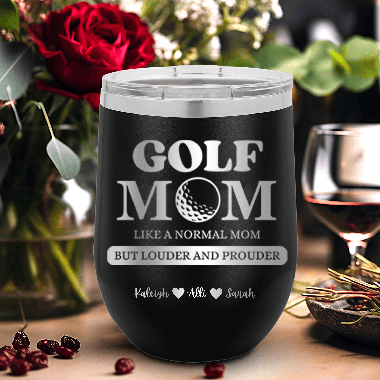 Black Golf Mom Wine Tumbler With Golf Moms Are Loud And Proud Design