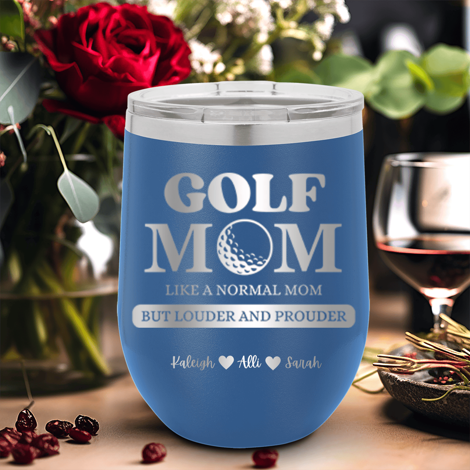 Blue Golf Mom Wine Tumbler With Golf Moms Are Loud And Proud Design