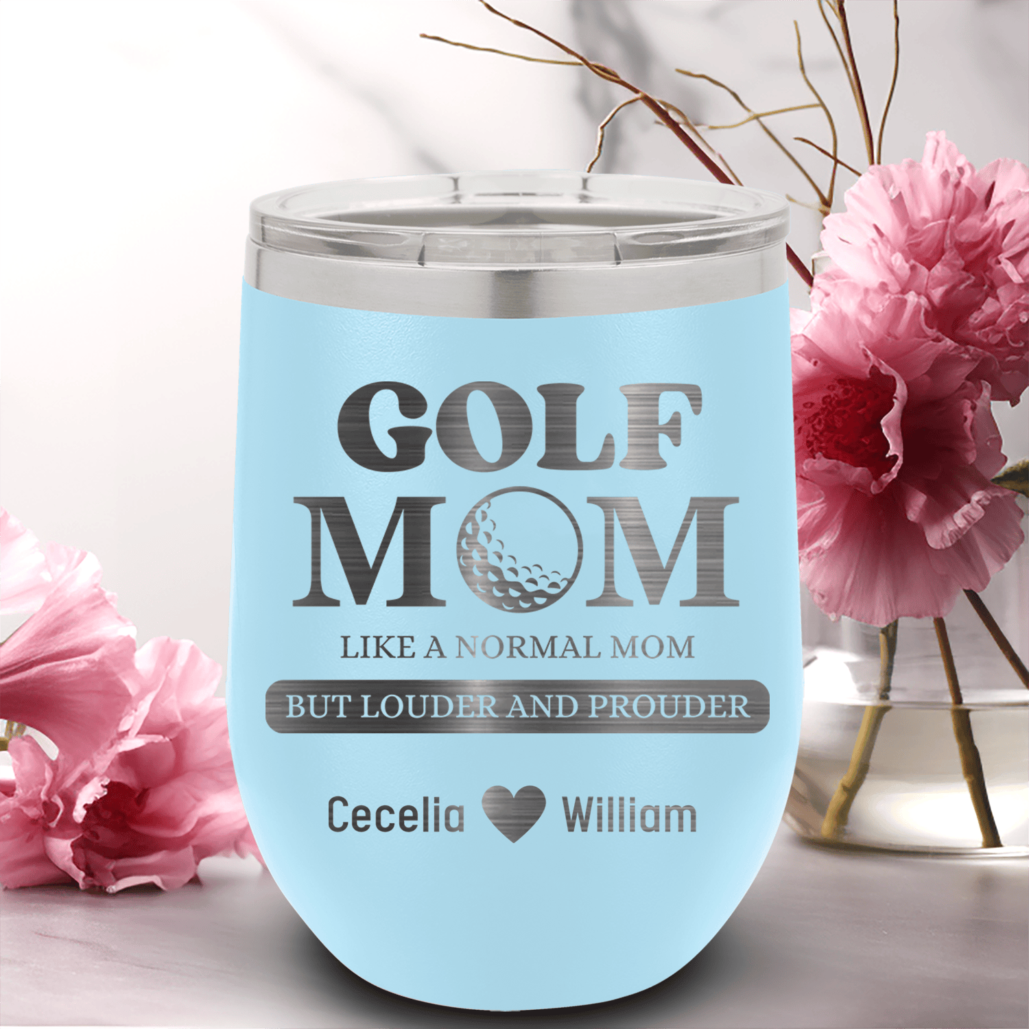 Light Blue Golf Mom Wine Tumbler With Golf Moms Are Loud And Proud Design