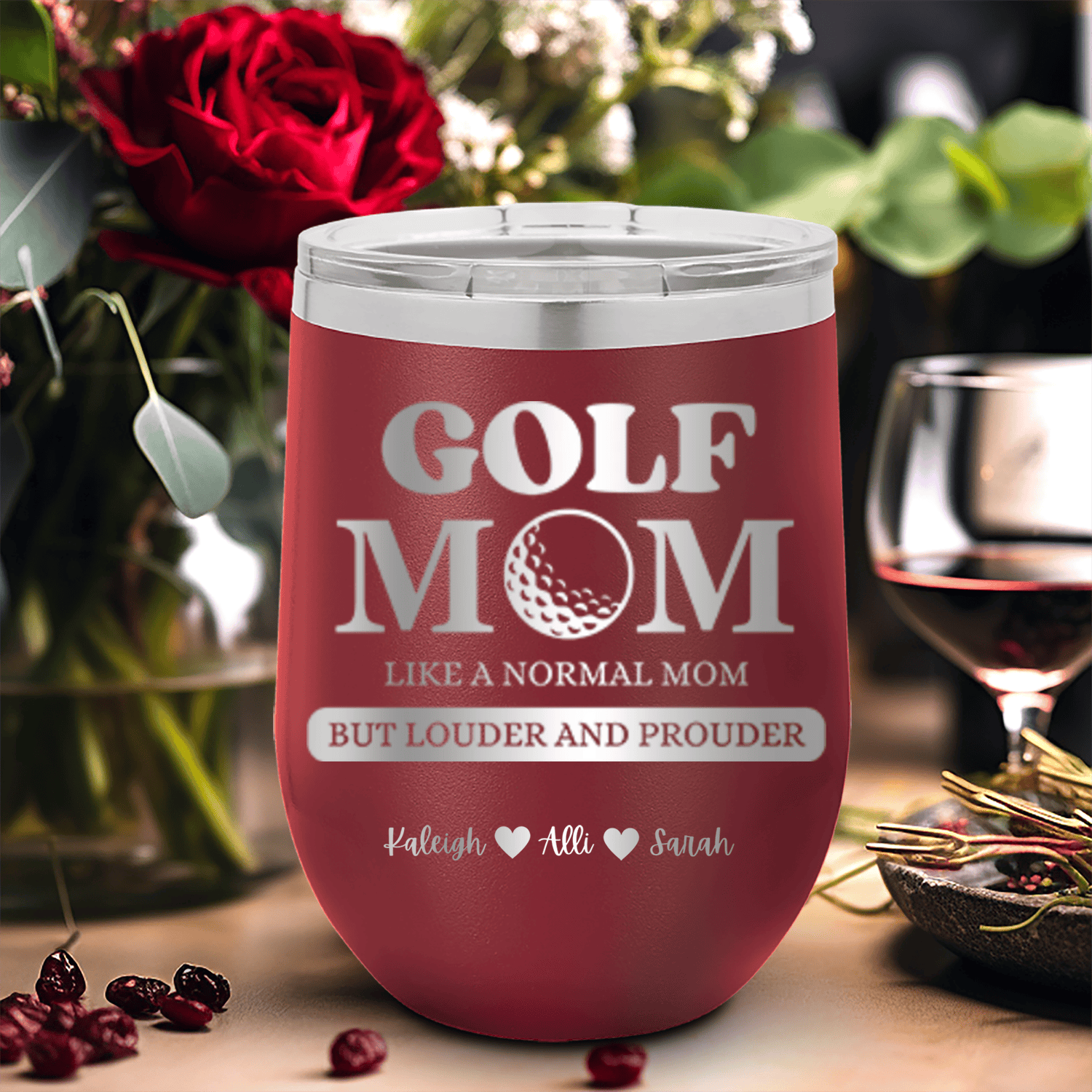 Maroon Golf Mom Wine Tumbler With Golf Moms Are Loud And Proud Design