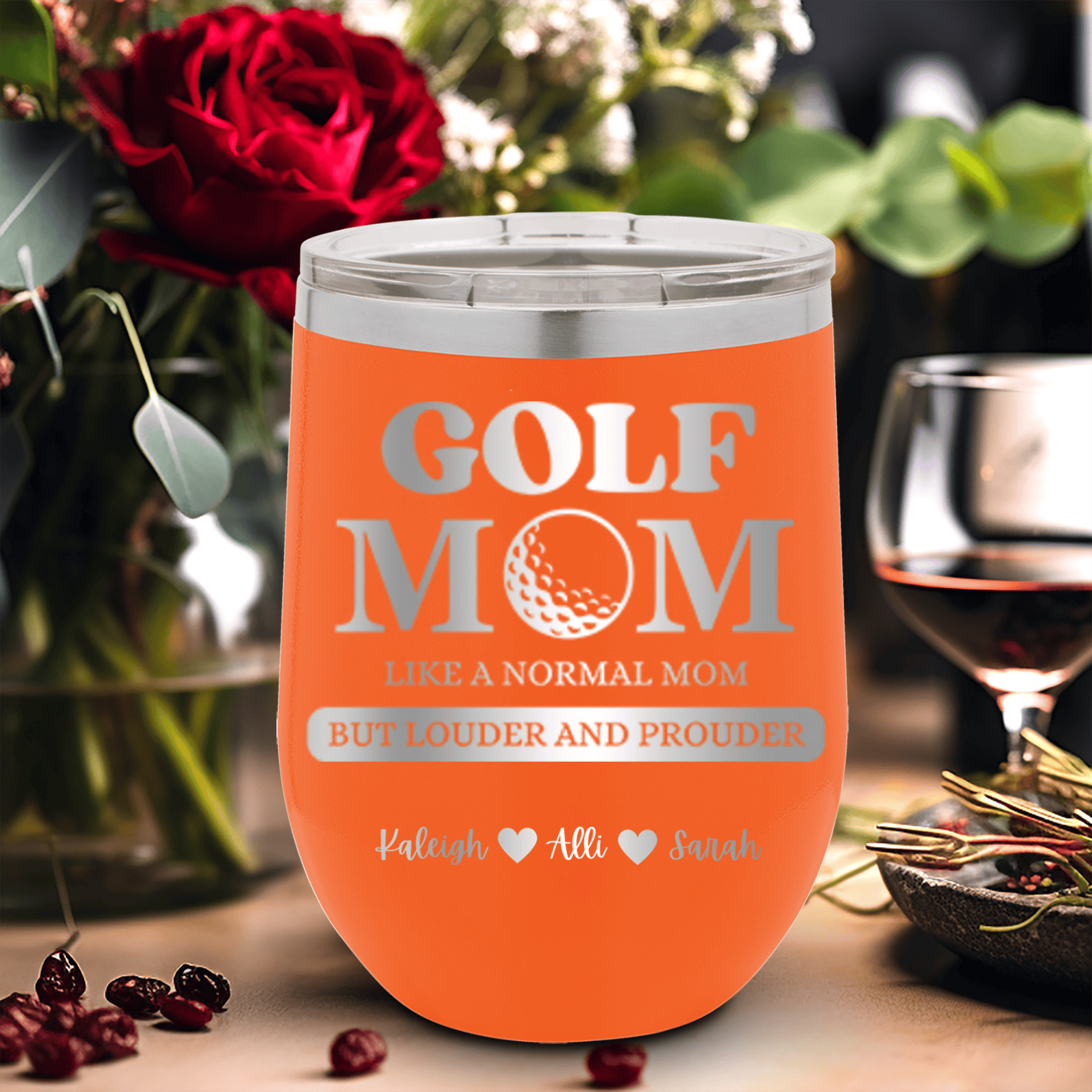 Orange Golf Mom Wine Tumbler With Golf Moms Are Loud And Proud Design