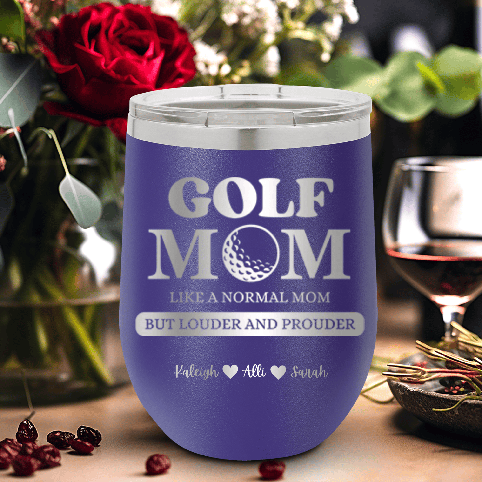 Purple Golf Mom Wine Tumbler With Golf Moms Are Loud And Proud Design